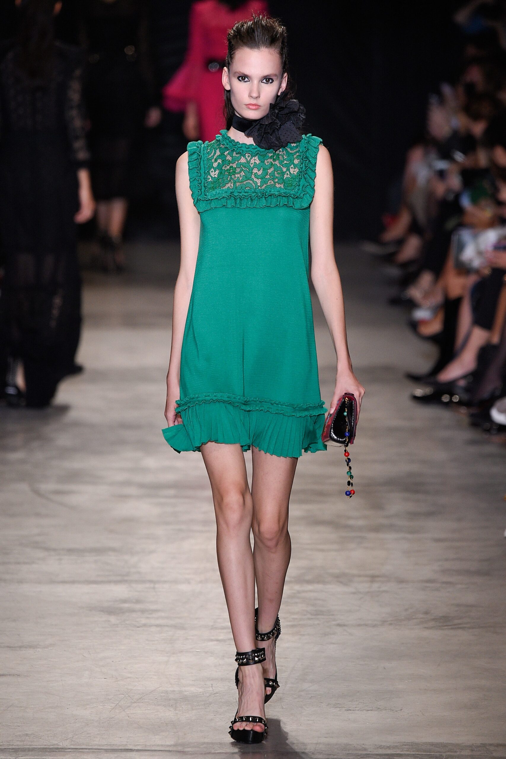 green cotton sleeveless high-neck fitted ruffled short dress