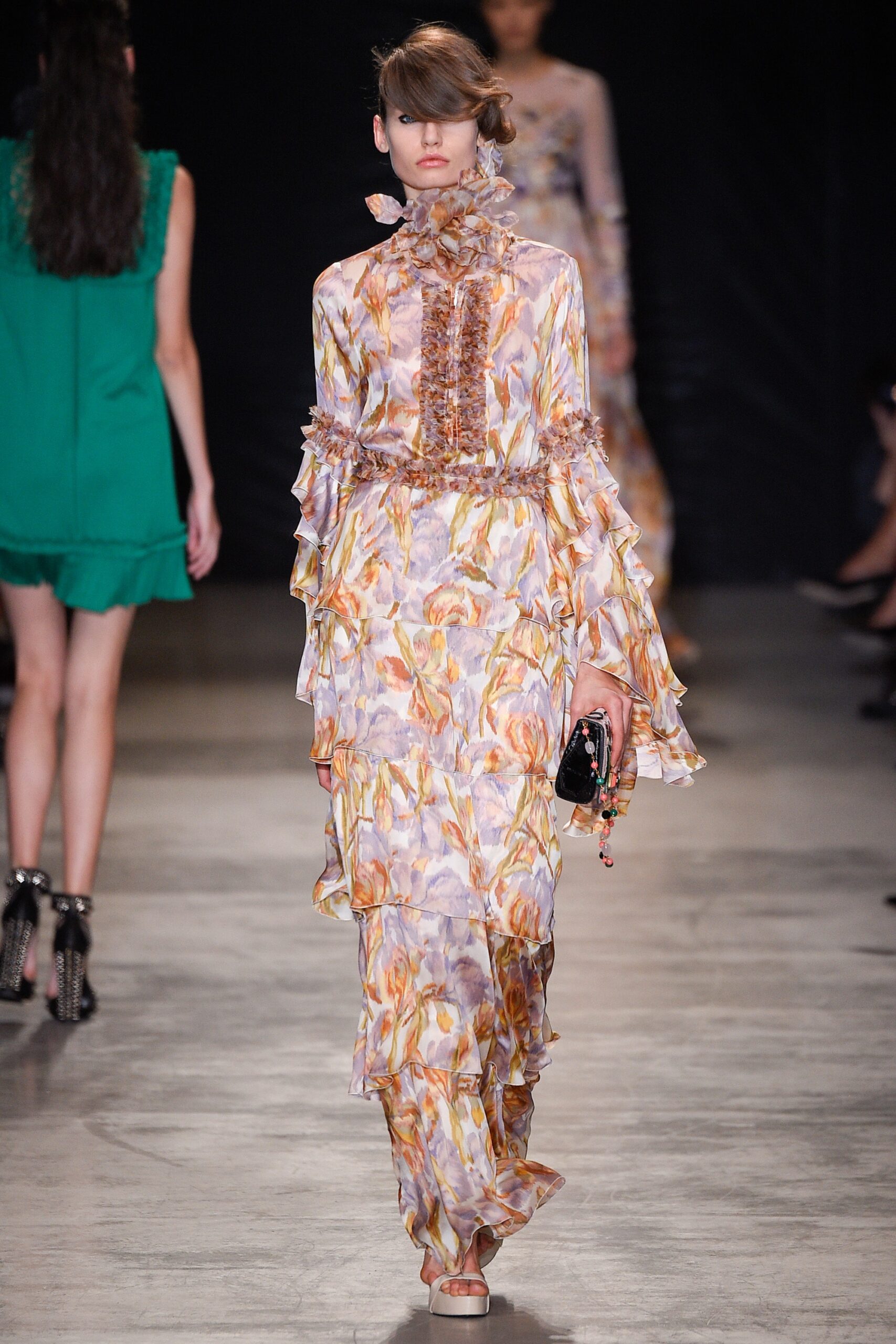 multi-colored silk ruffled gown