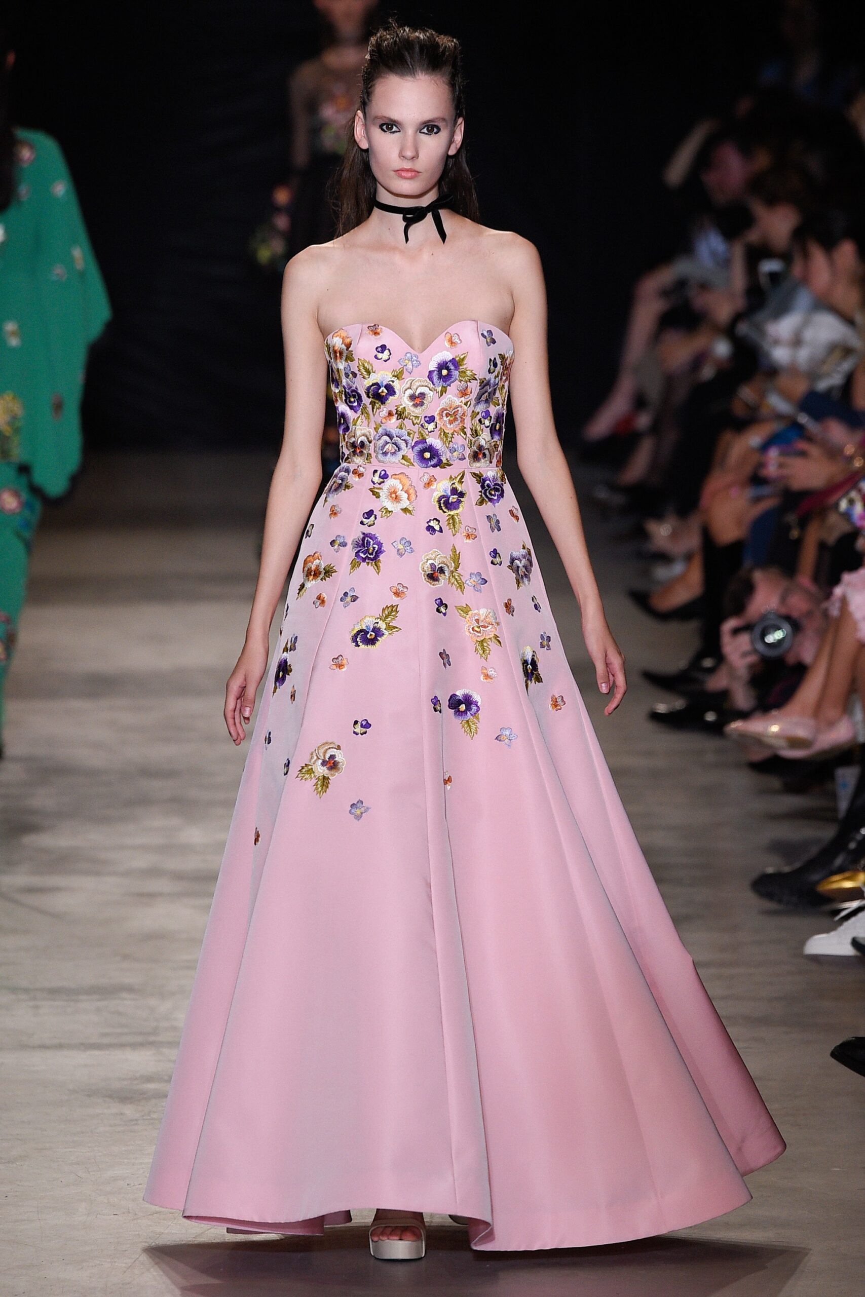 pink embroidered strapless gown