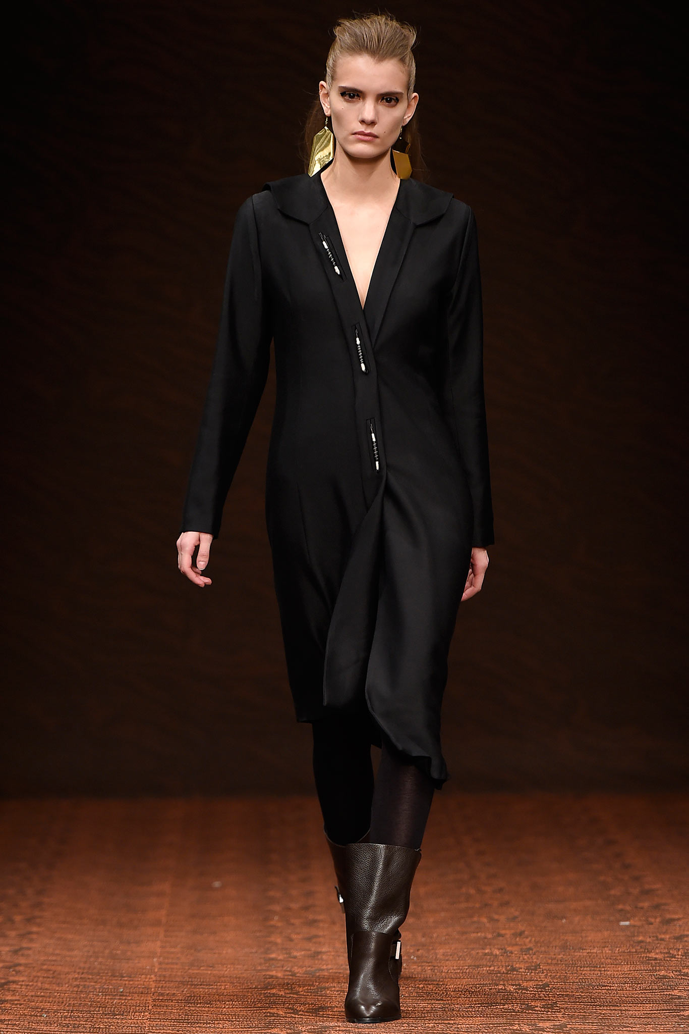 black silk long-sleeve dress with brown boots