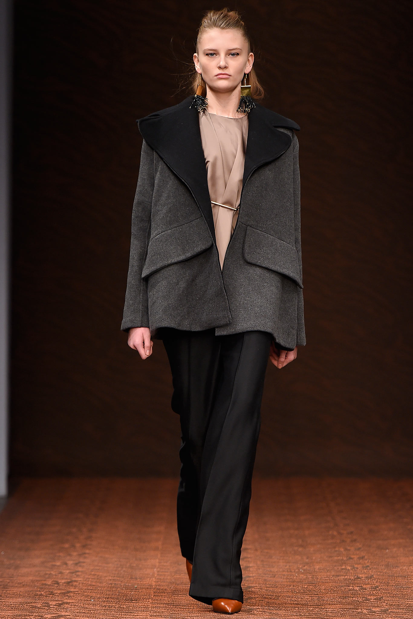 gray wool coat with beige blouse