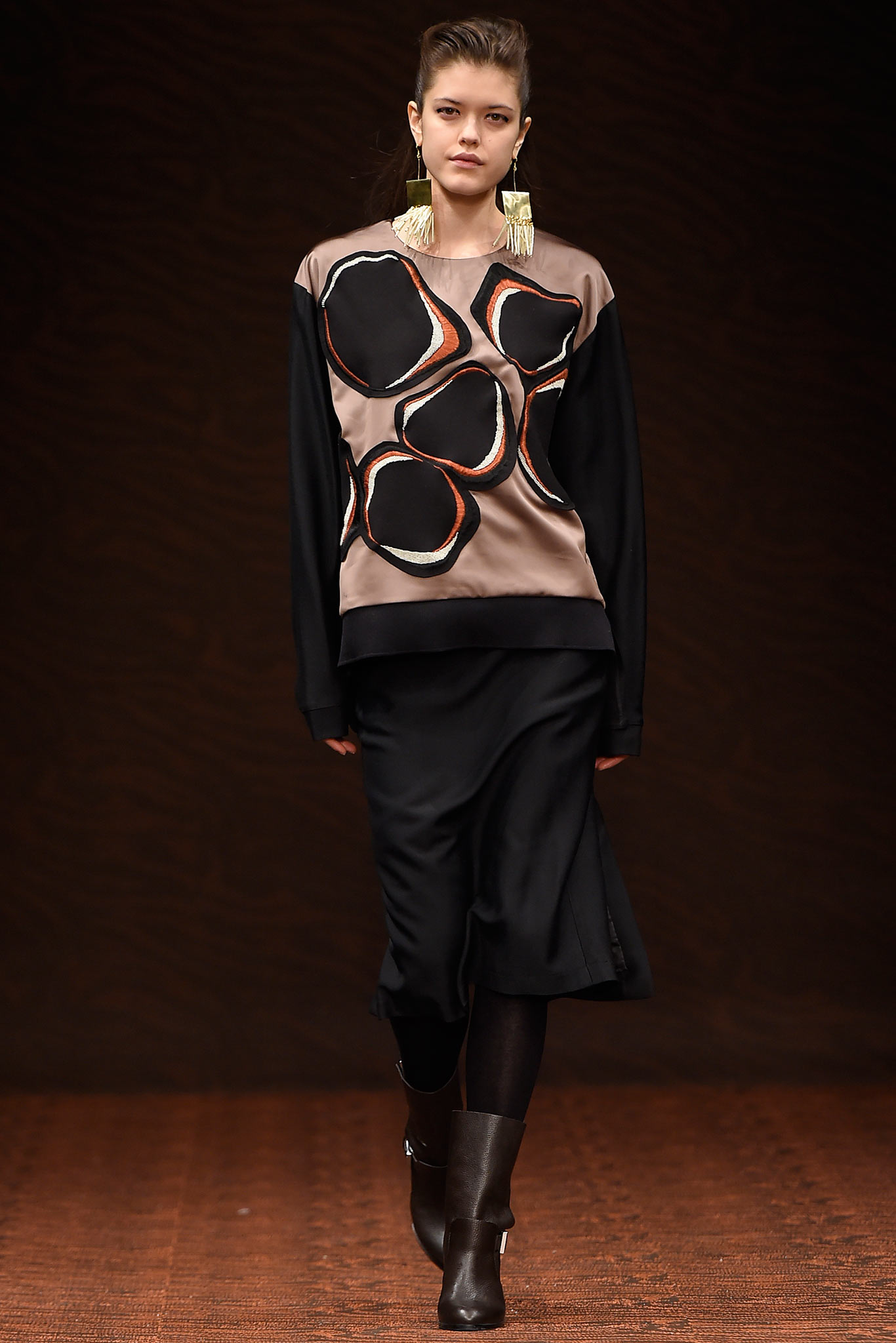brown silk long-sleeve collared fitted printed top