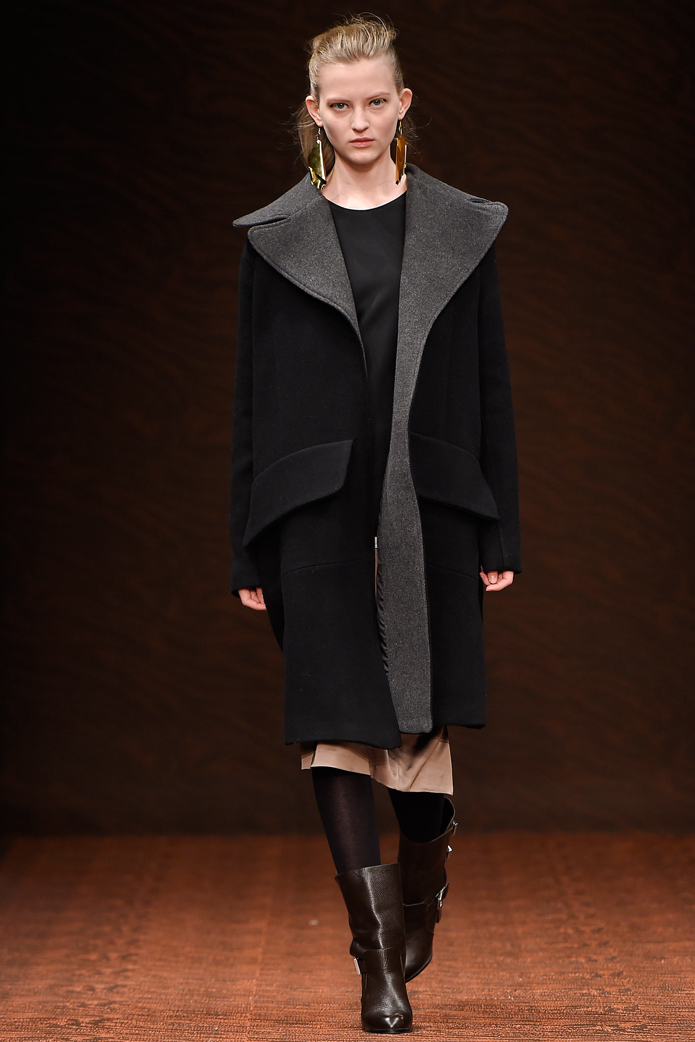 black gray wool coat beige dress