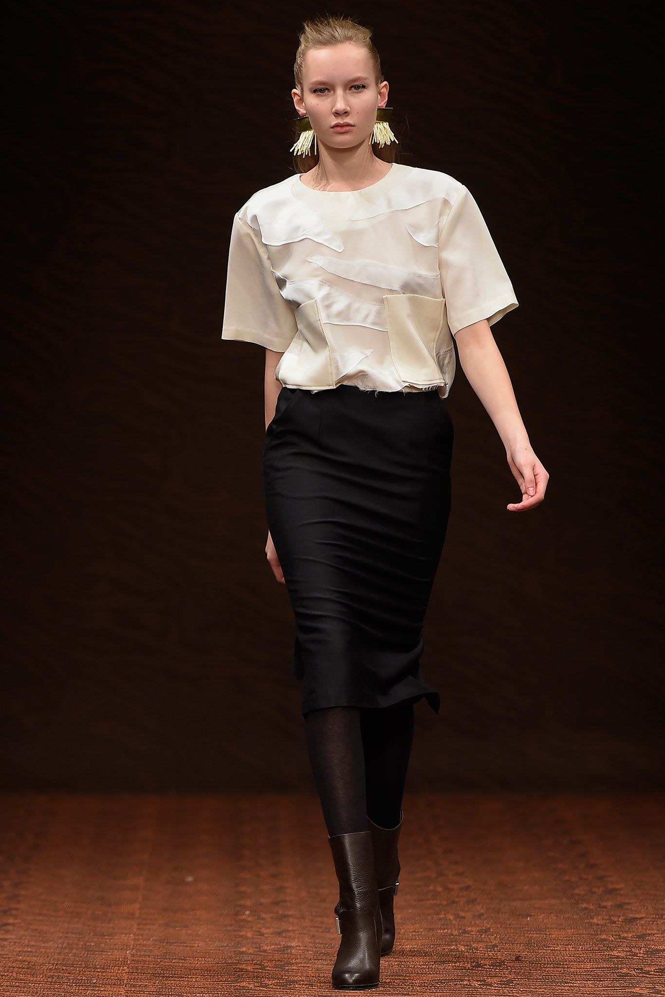 white silk top black pencil skirt