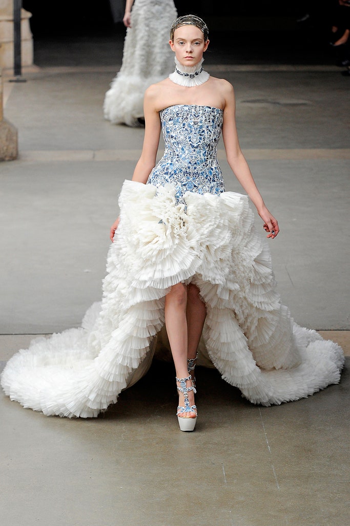 white and blue strapless gown