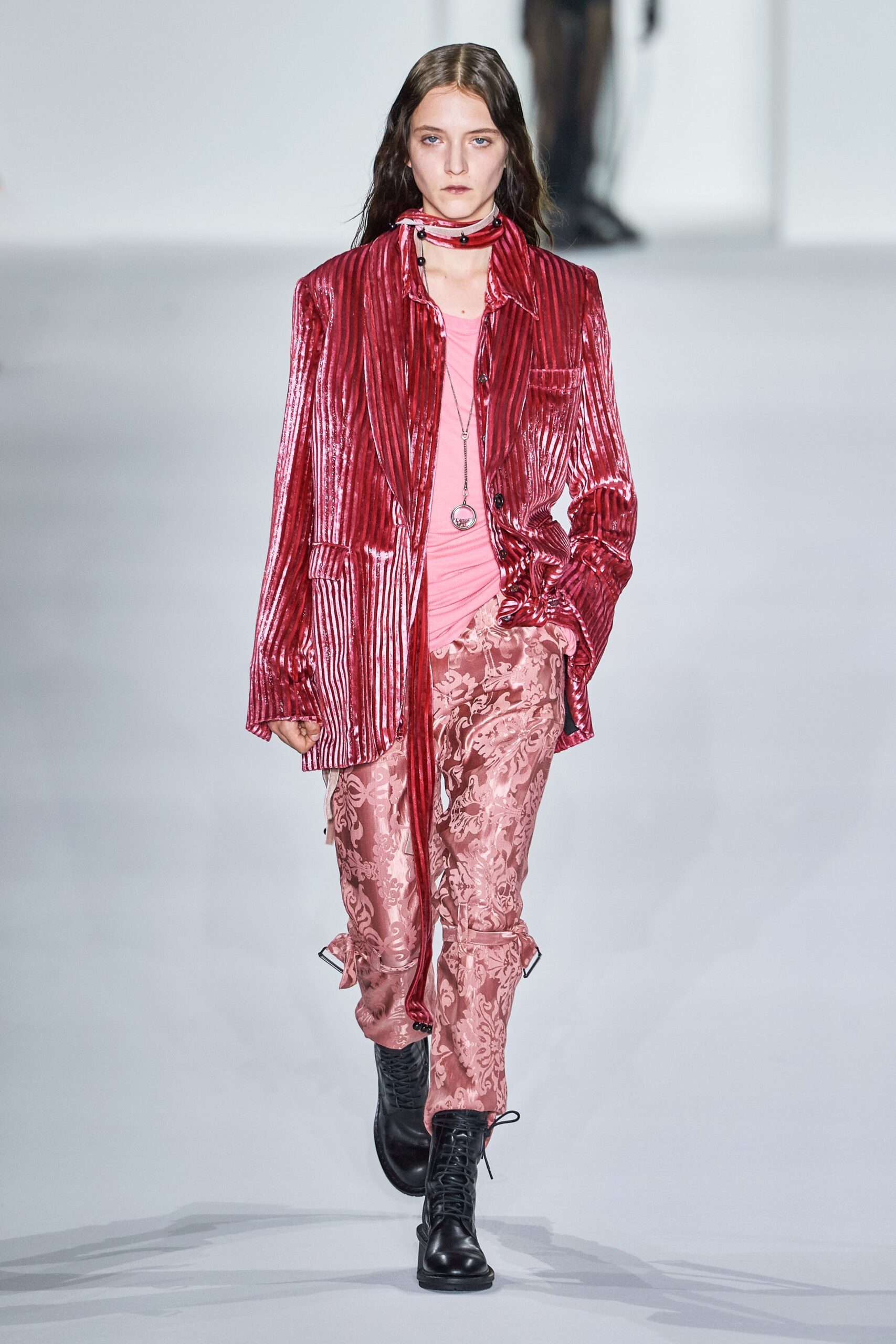 red silk long-sleeve collared relaxed striped shiny jacket