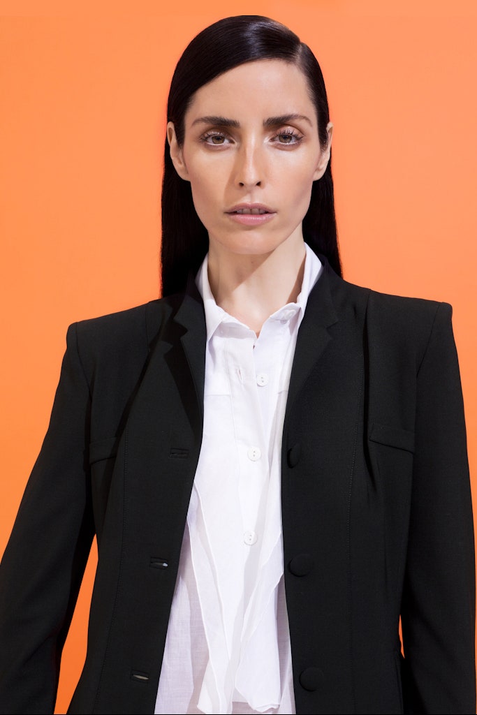 black tailored blazer and white shirt