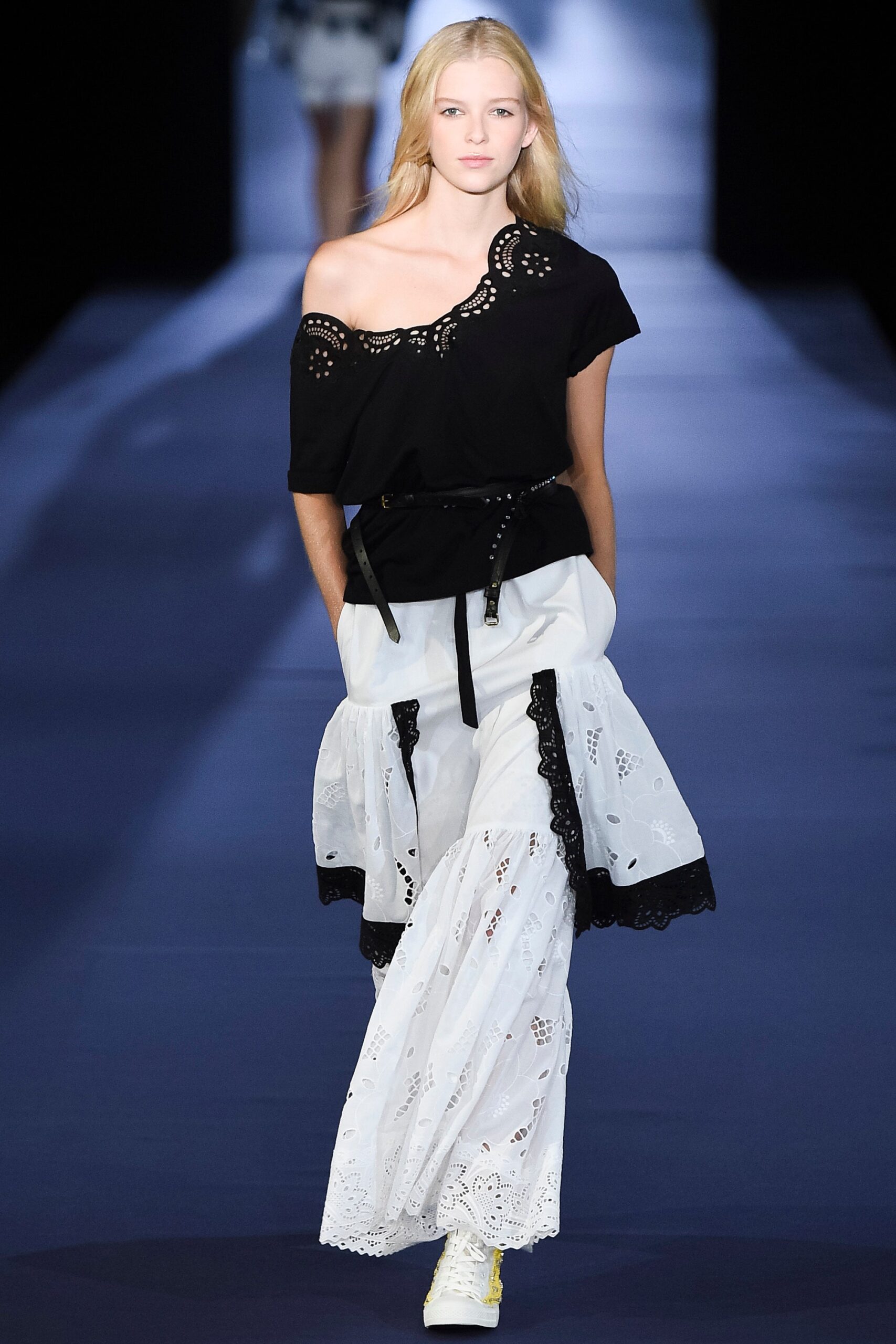 black off-shoulder top and white skirt