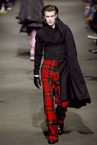 black silk coat with red plaid pants
