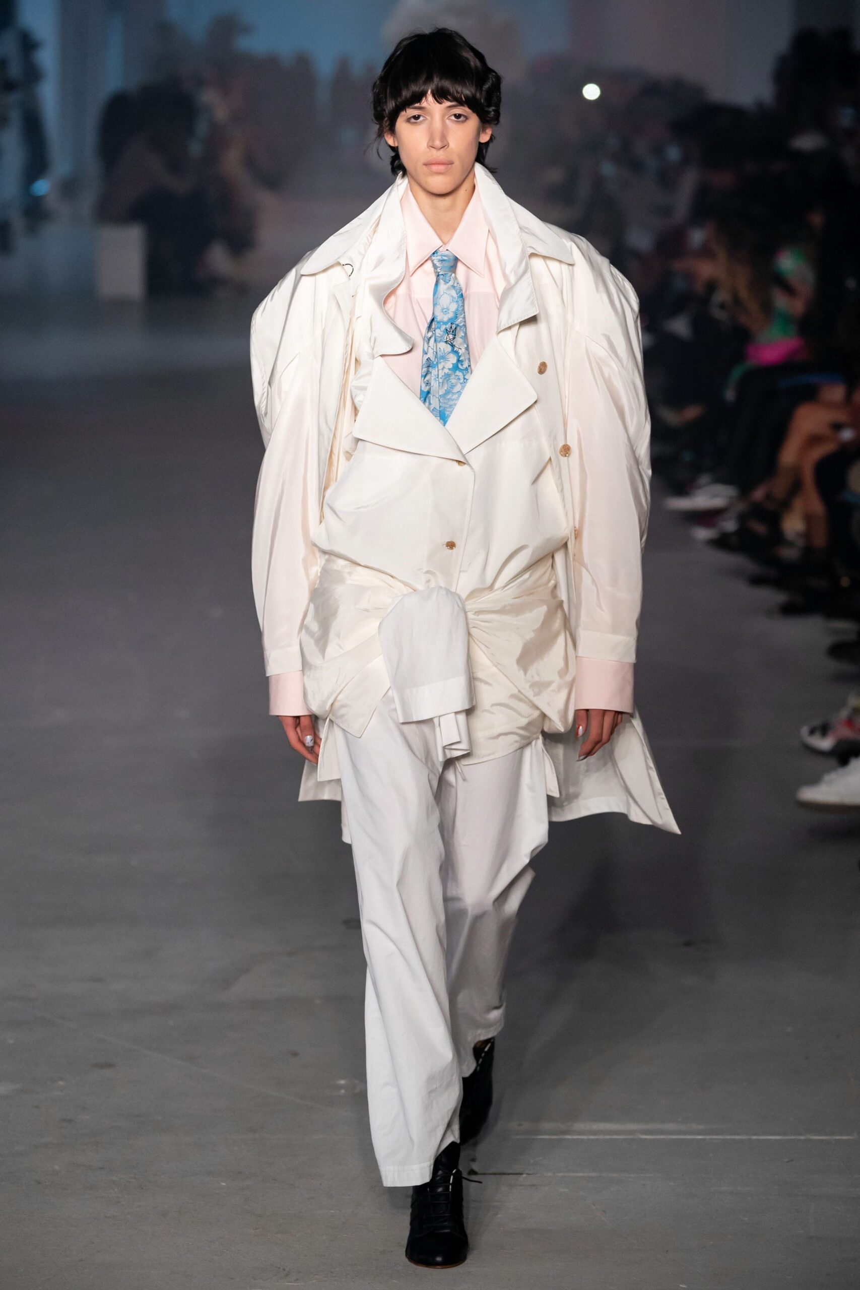 oversized white jacket with relaxed shirt and pants