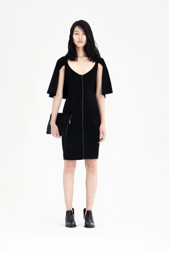 black suede sleeveless v-neck fitted zippered mini dress
