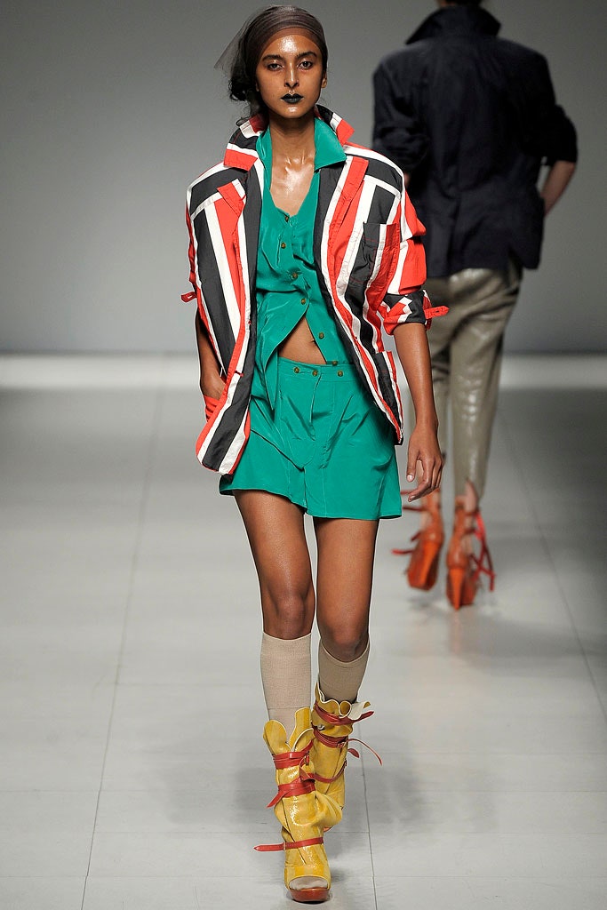 color-blocked fitted jacket and green outfit