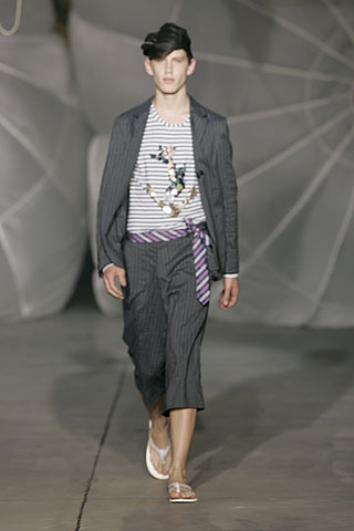 gray tailored blazer with striped t-shirt