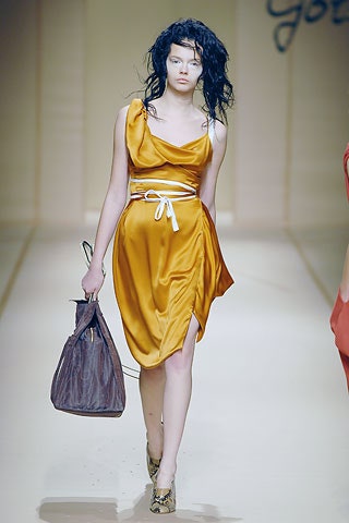 yellow silk sleeveless v-neck fitted draped shiny dress