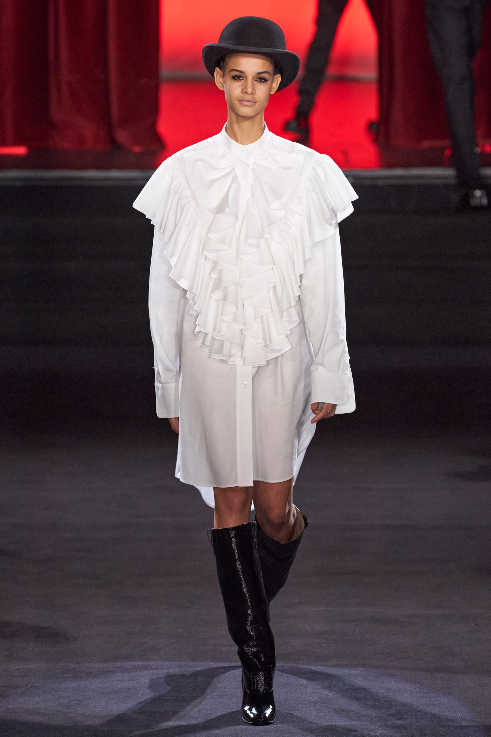 white cotton long-sleeve collared relaxed ruffled midi shirt-dress