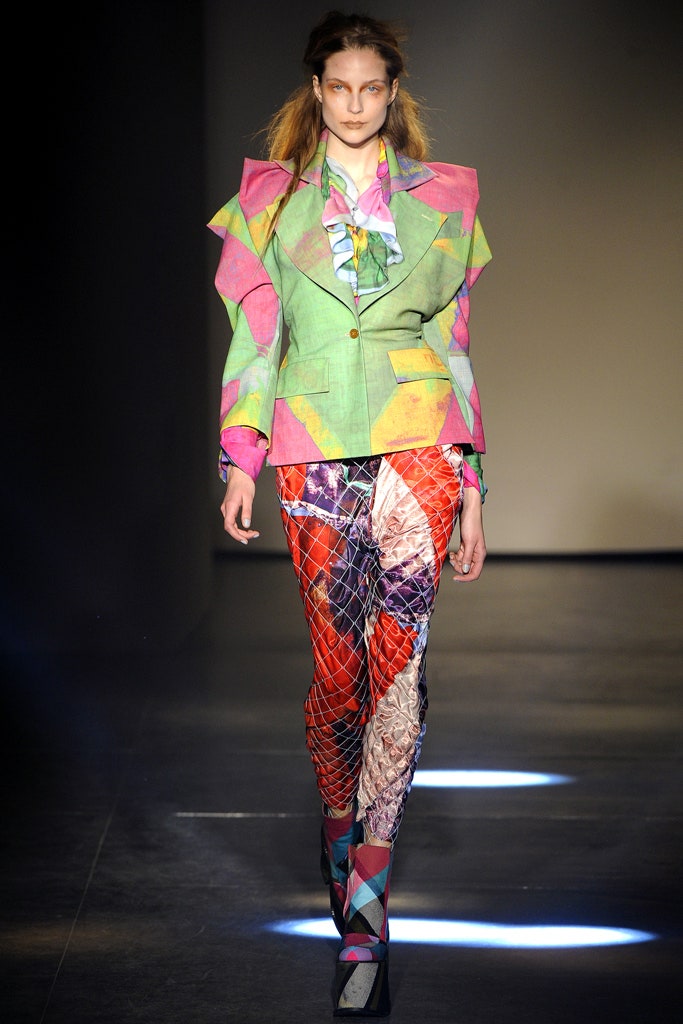 color-blocked blazer with printed pants