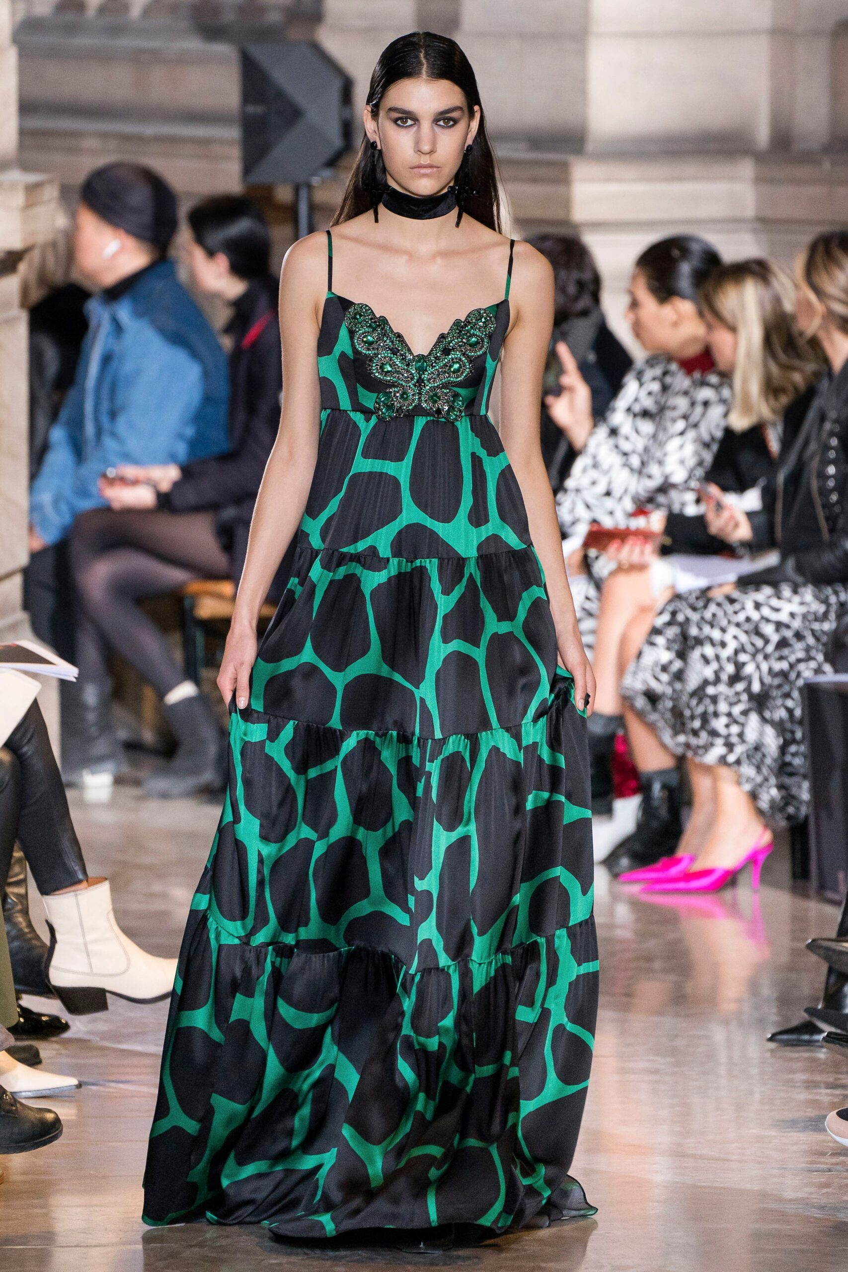 black and green printed maxi dress