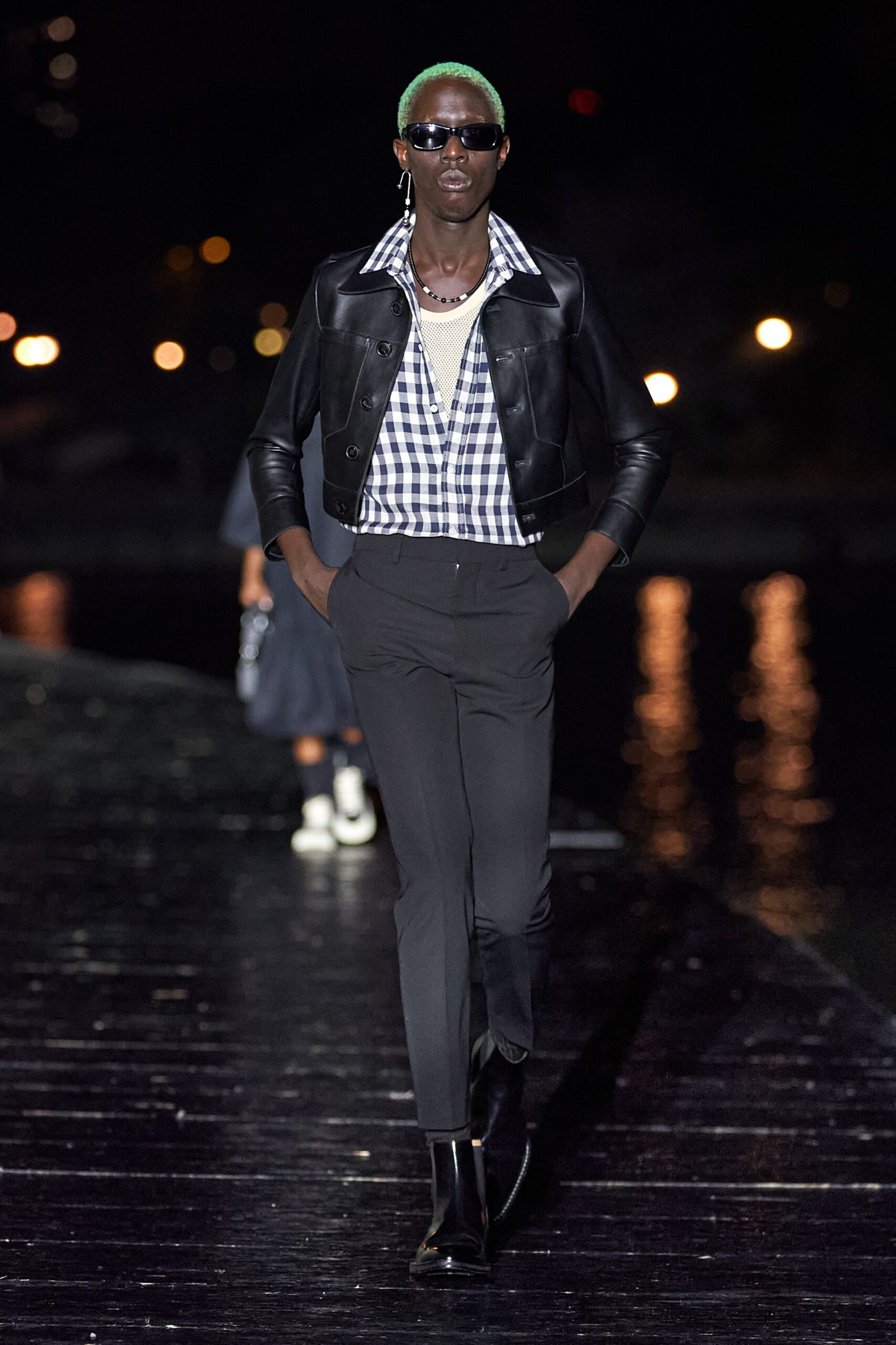 black leather jacket with checked shirt