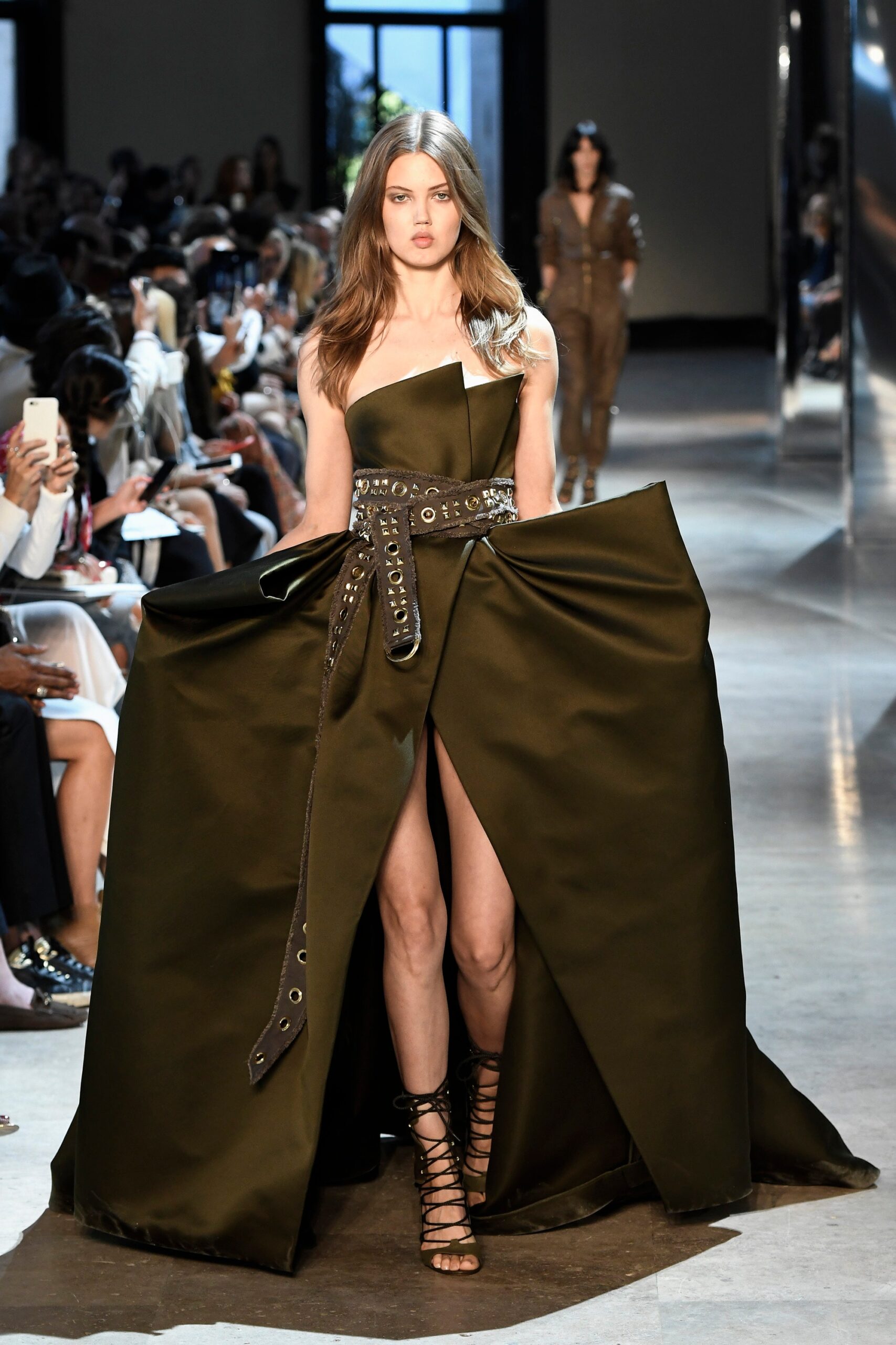 green silk asymmetric gown