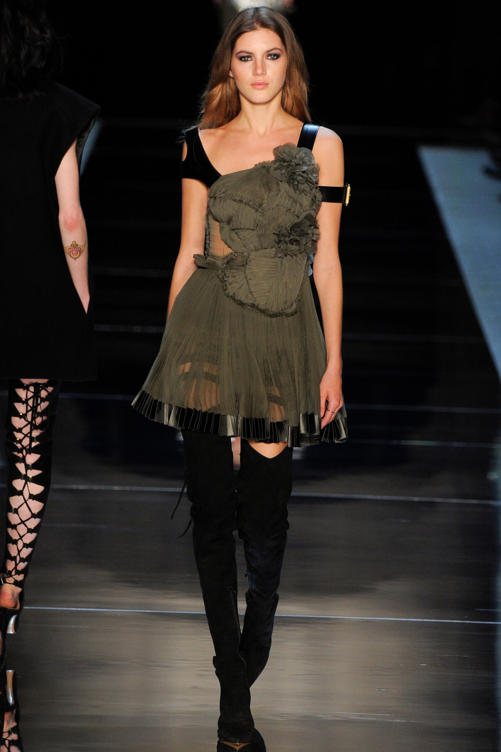 green silk sleeveless v-neck fitted pleated ruffled dress