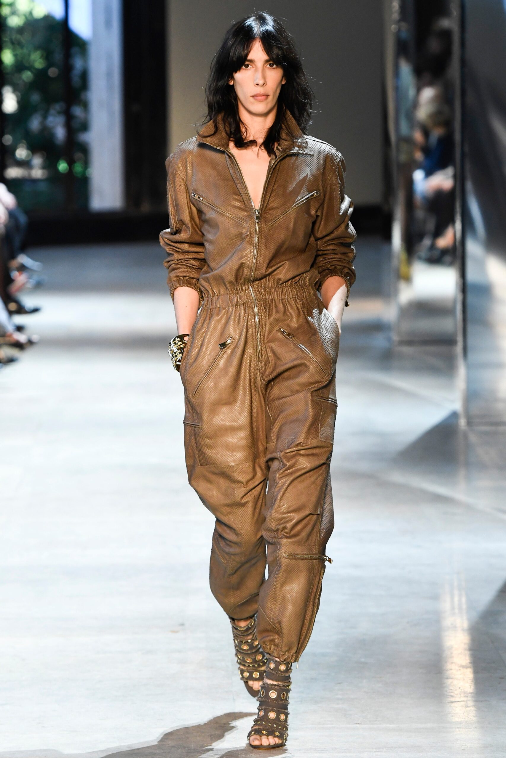 brown leather long-sleeve collared relaxed zippered pockets jumpsuit
