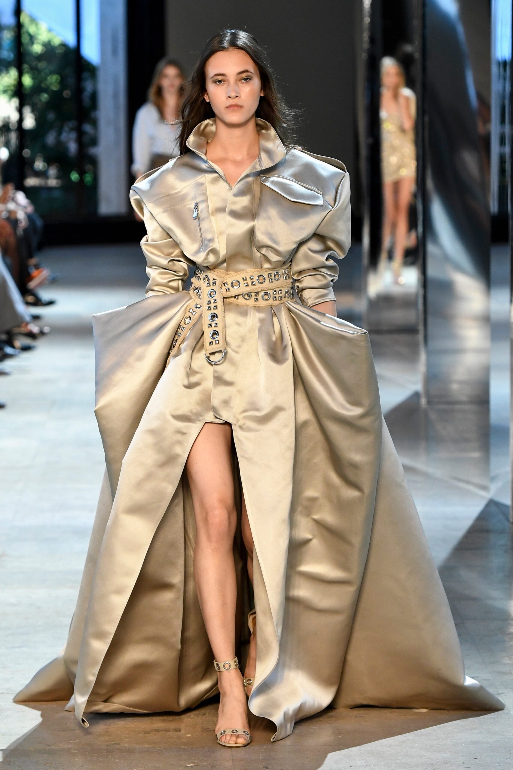 silver satin belted gown
