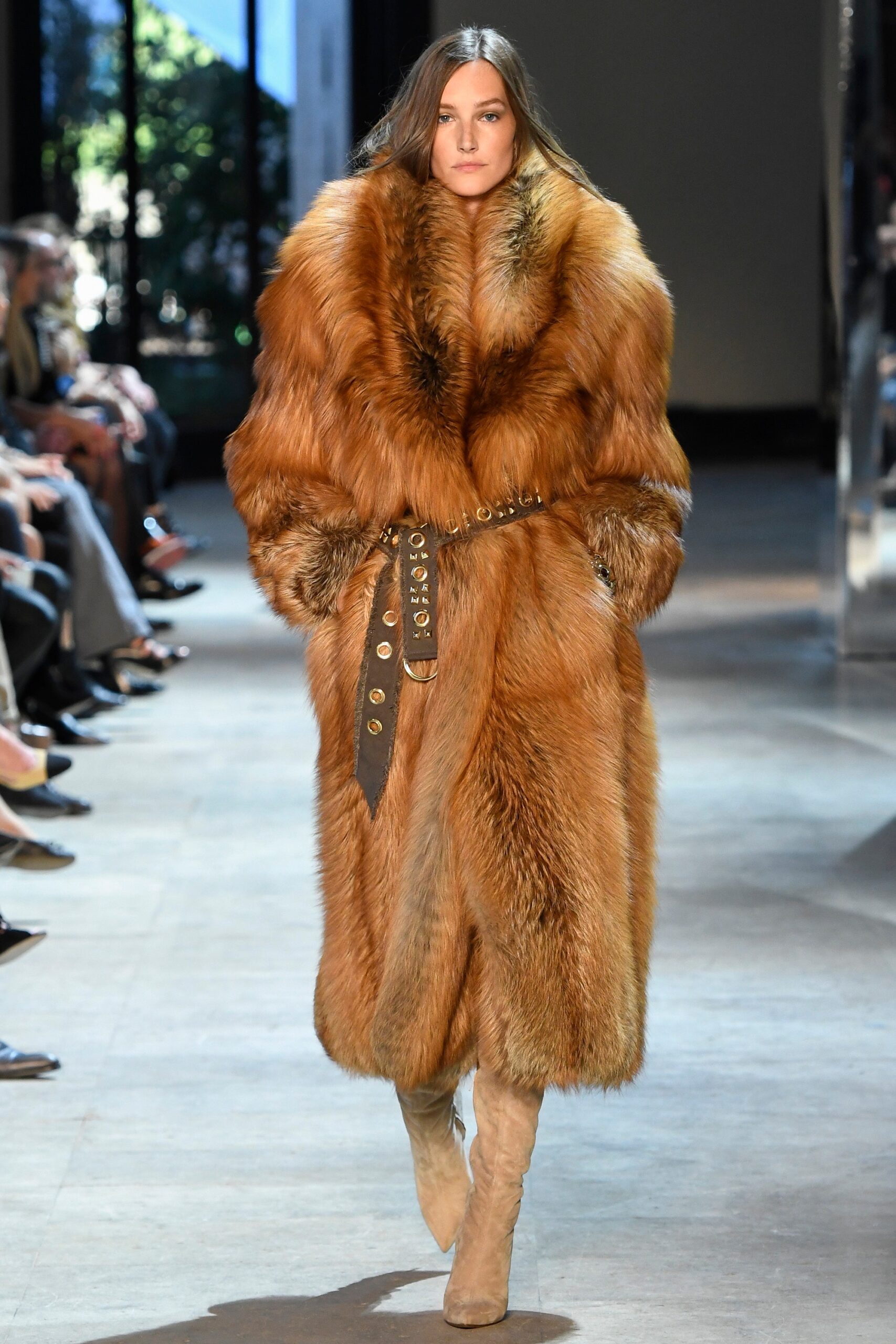 brown fur oversized belted coat
