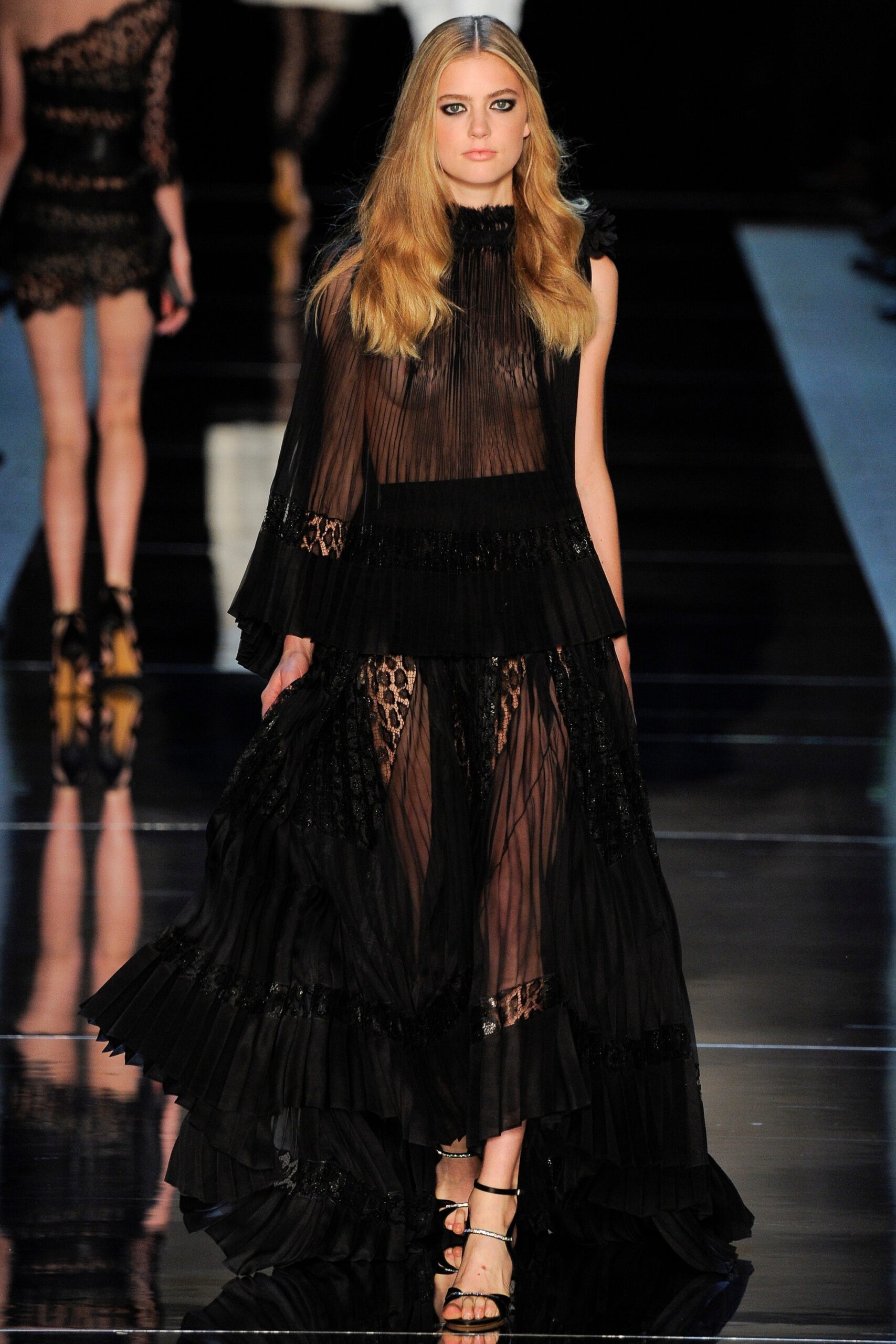 black sheer pleated maxi dress