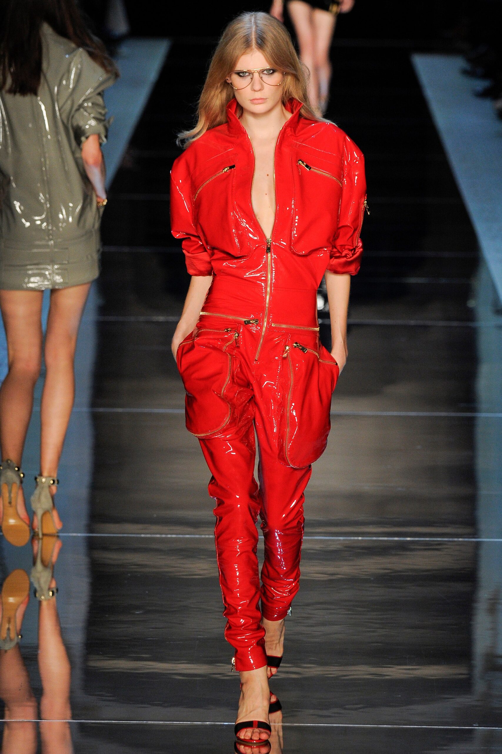 red vinyl fitted jumpsuit