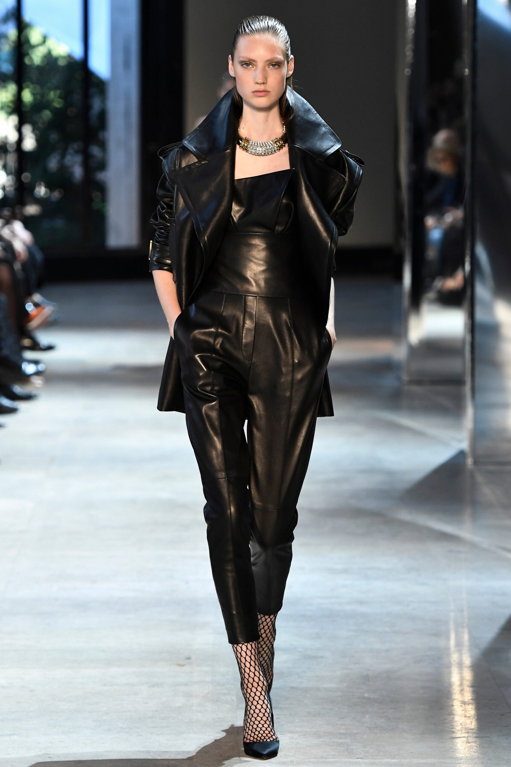 black leather fitted jacket and pants