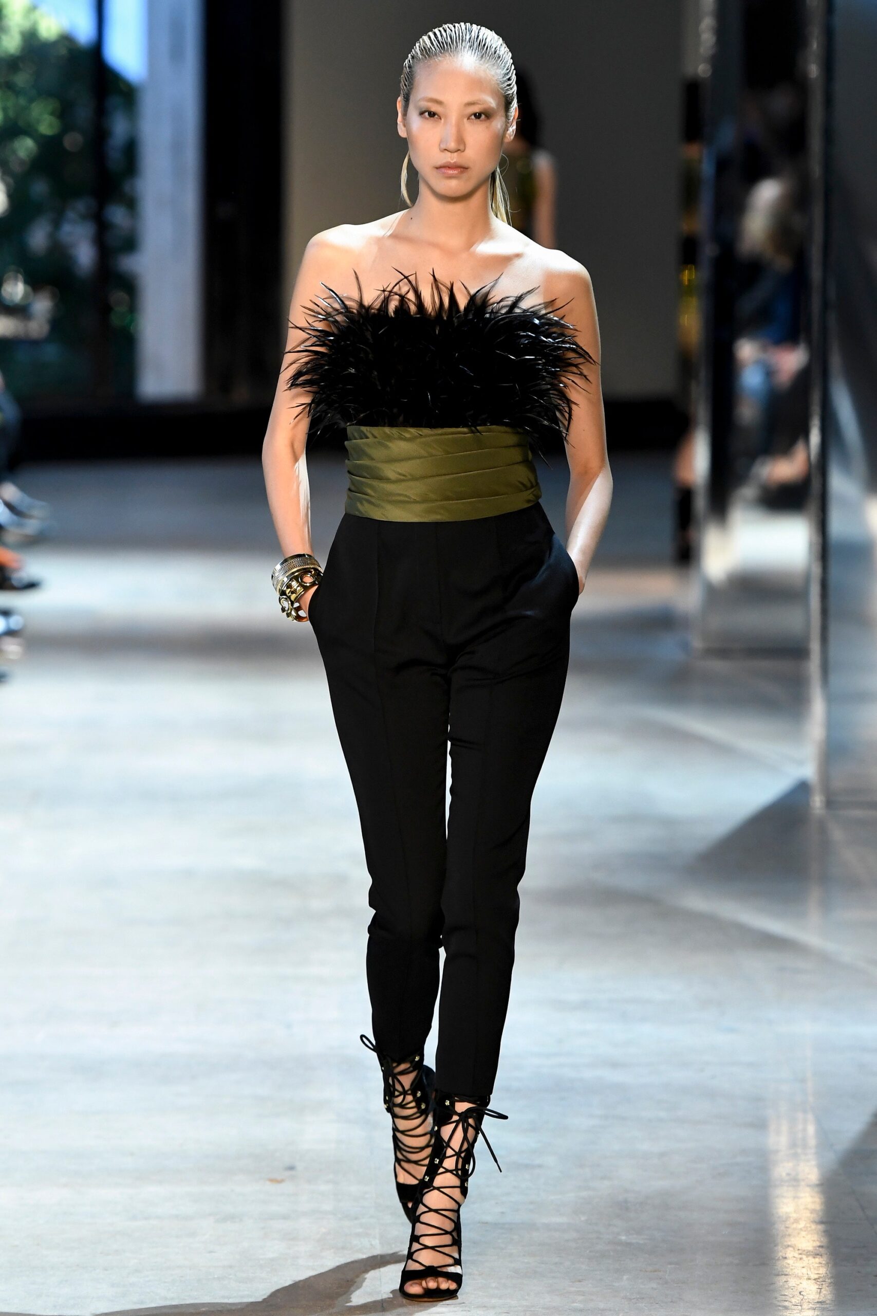 black silk sleeveless strapless fitted ruffled zippered jumpsuit