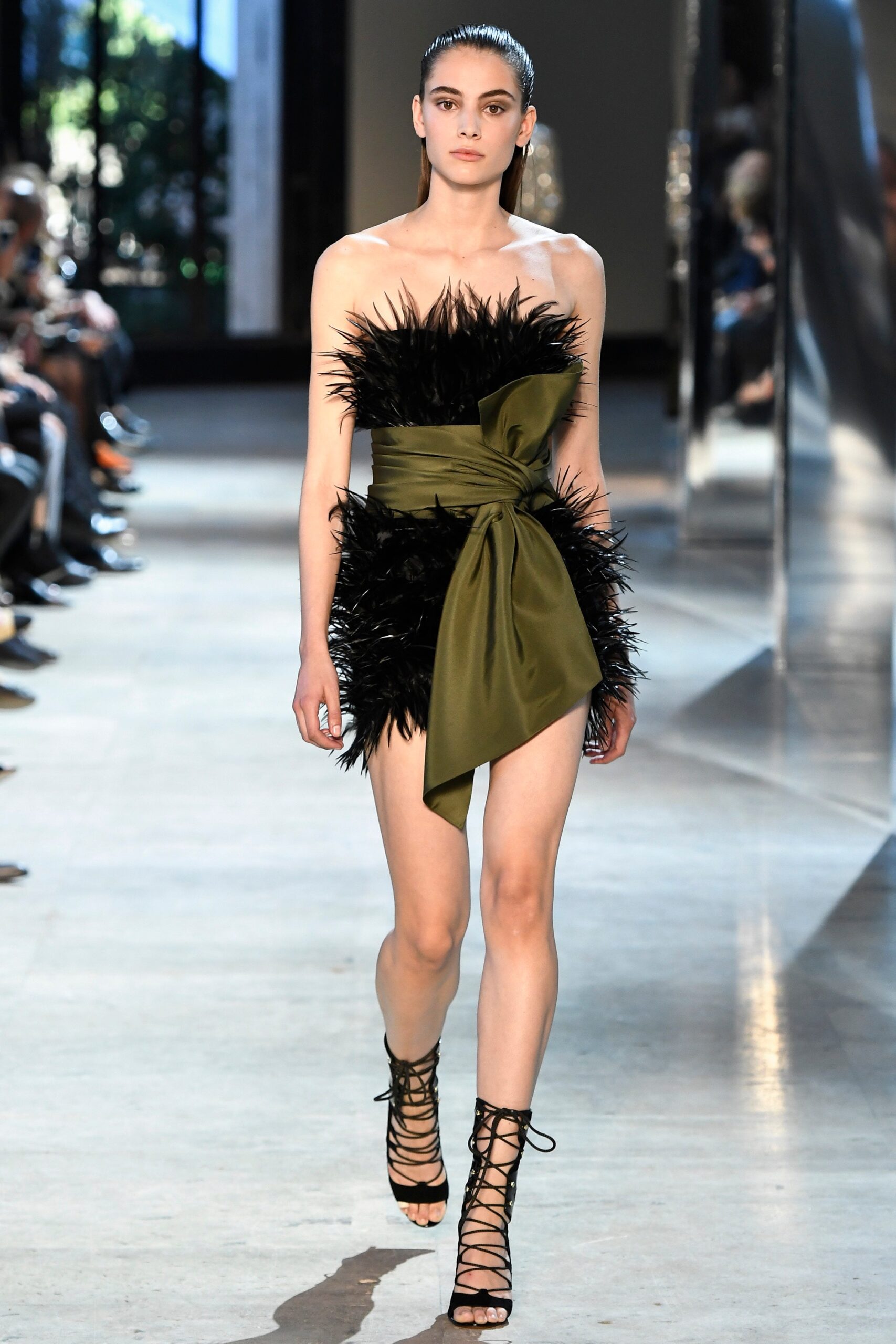 black feather sleeveless strapless fitted ruffled belted dress