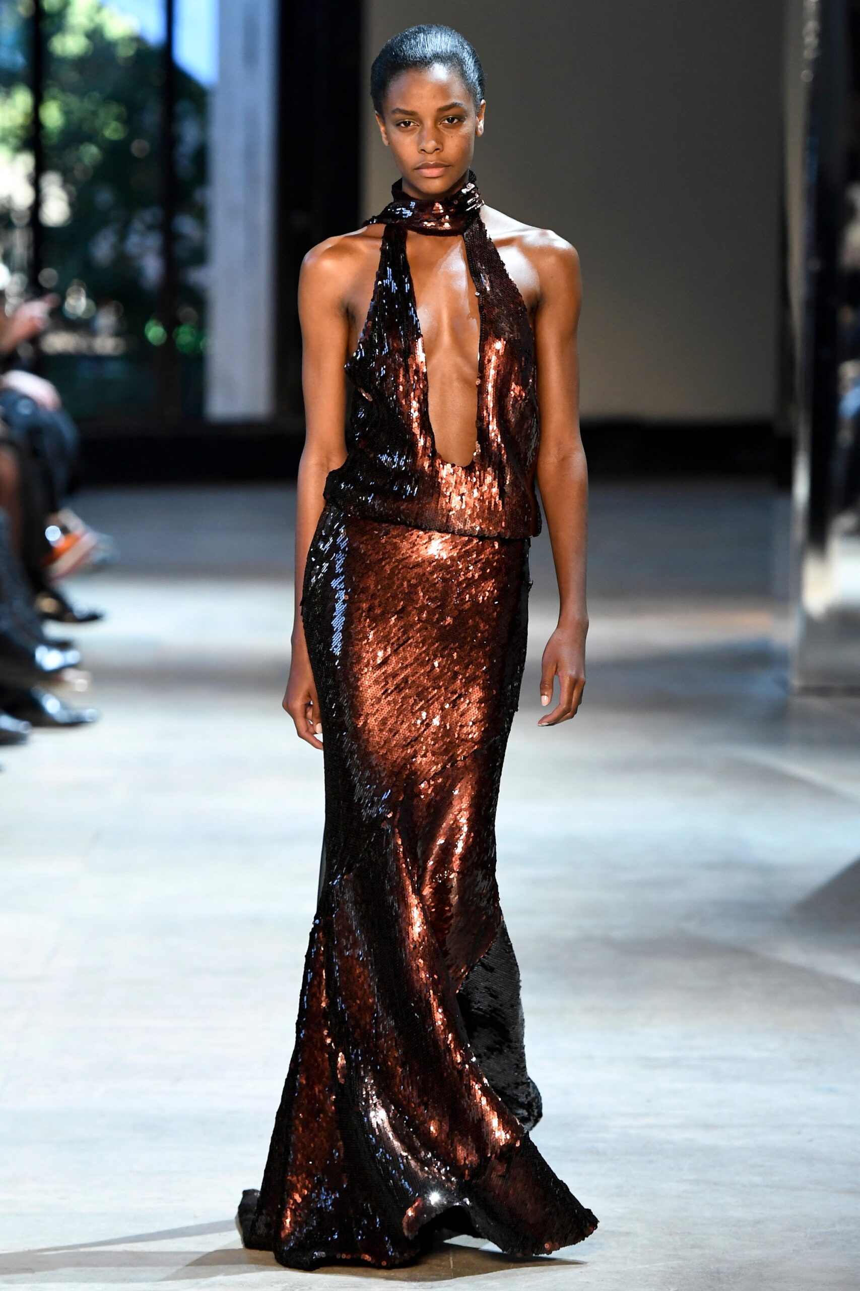 black and brown sequin gown