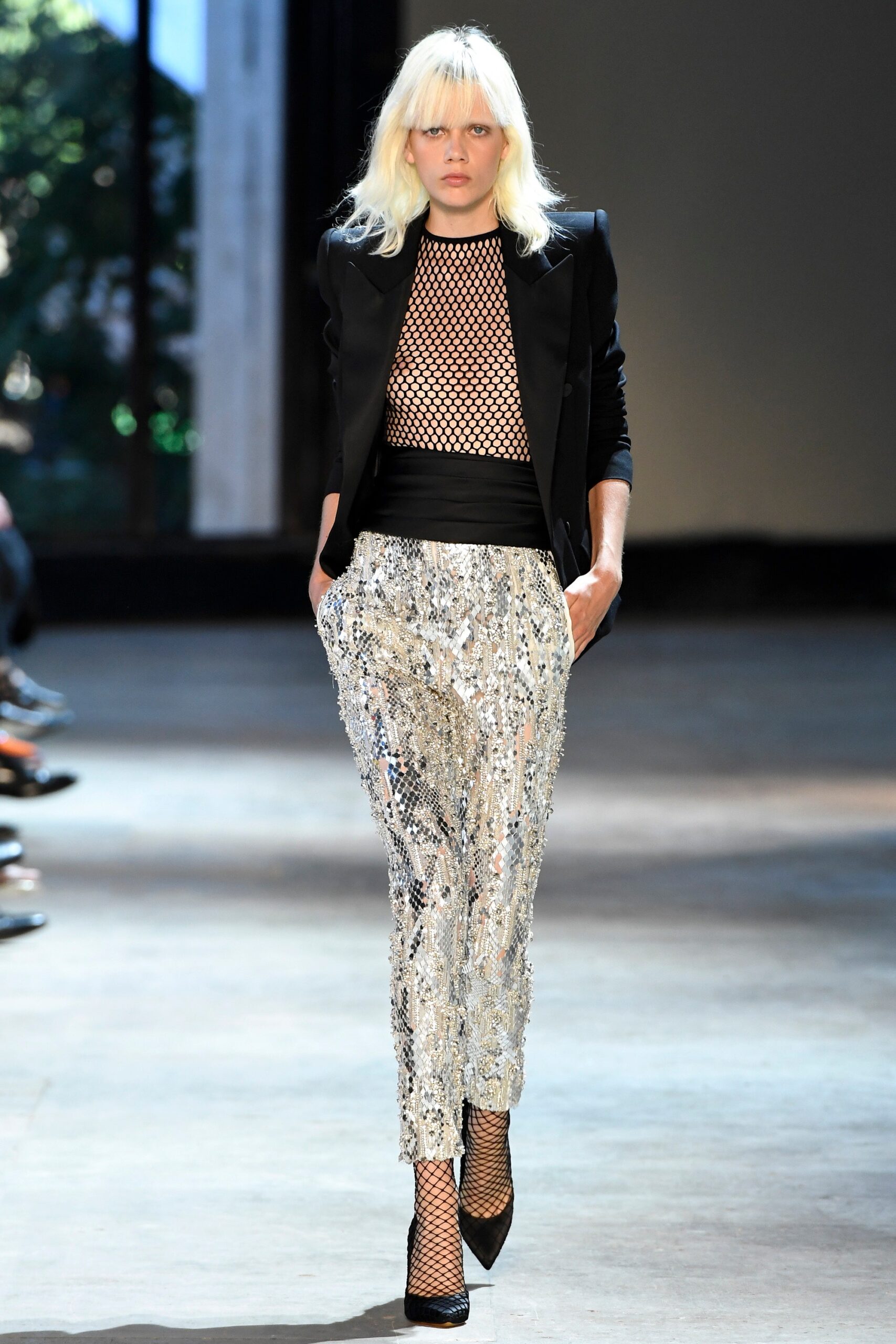 gray fitted sequined straight-leg shiny pants