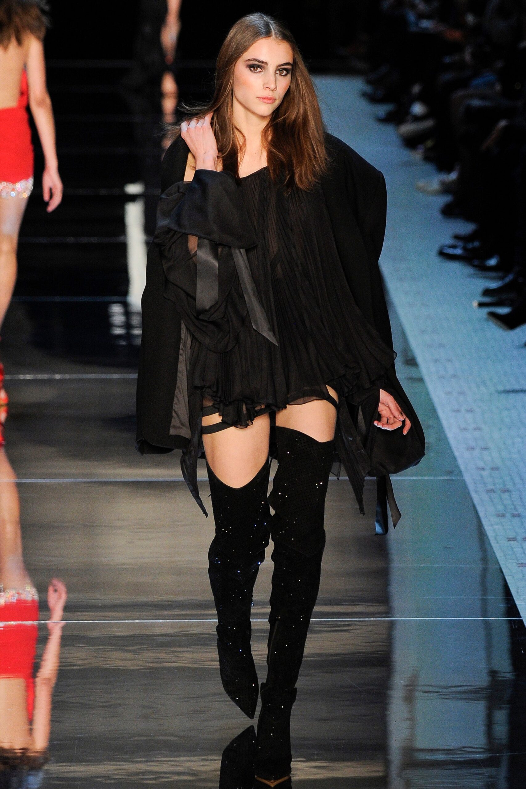 black wool long-sleeve oversized draped coat