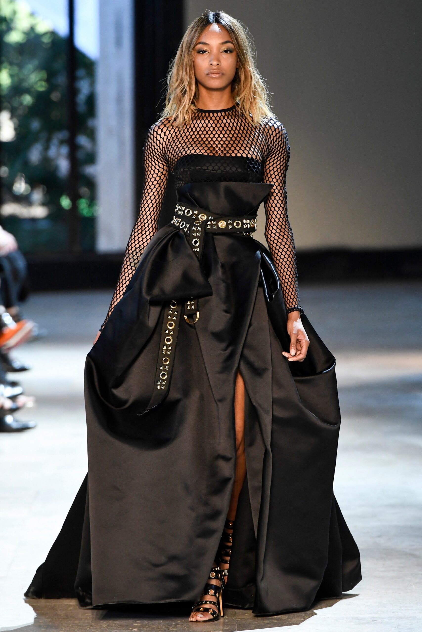 black silk long-sleeve v-neck fitted pleated belted gown