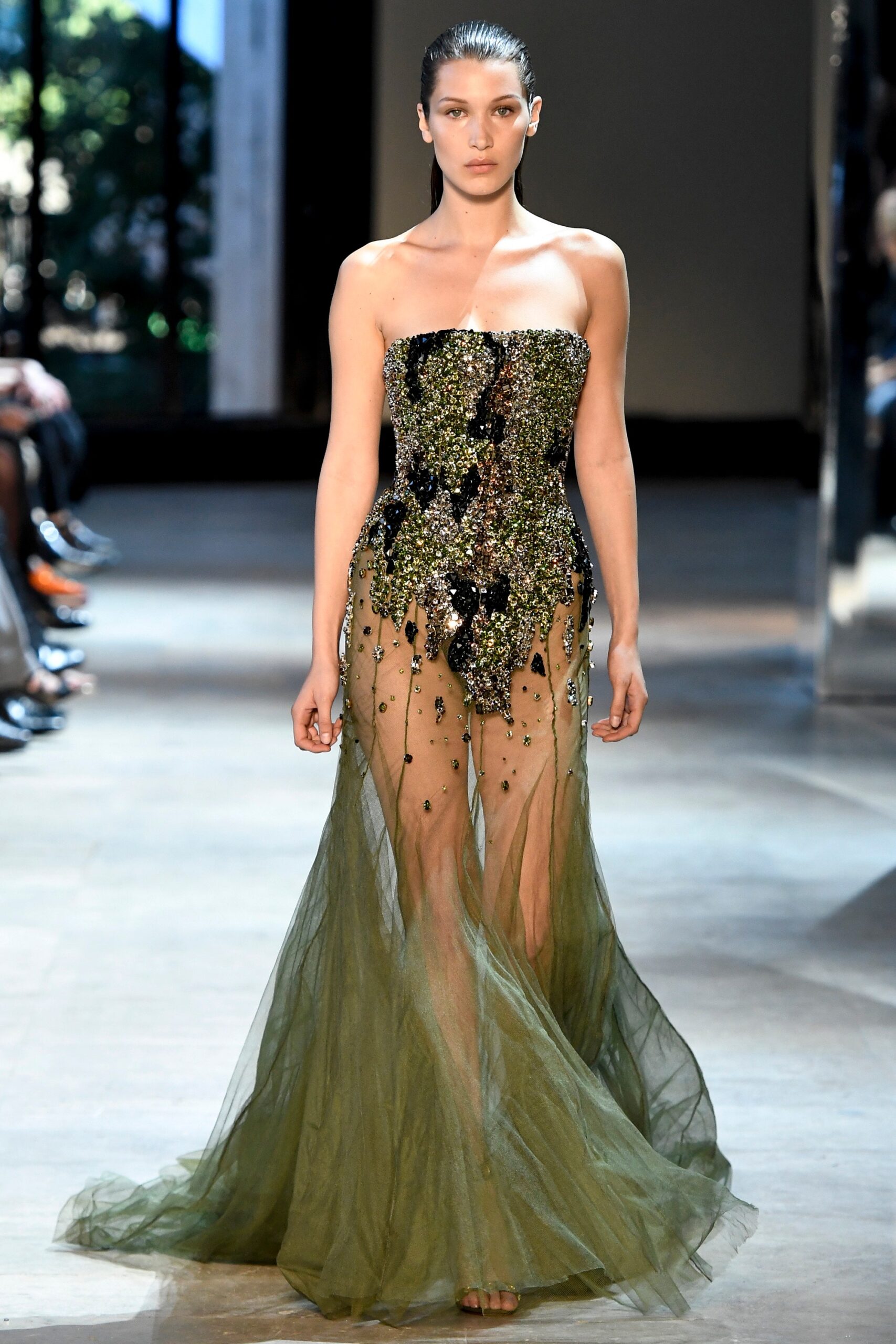 black and green embellished gown