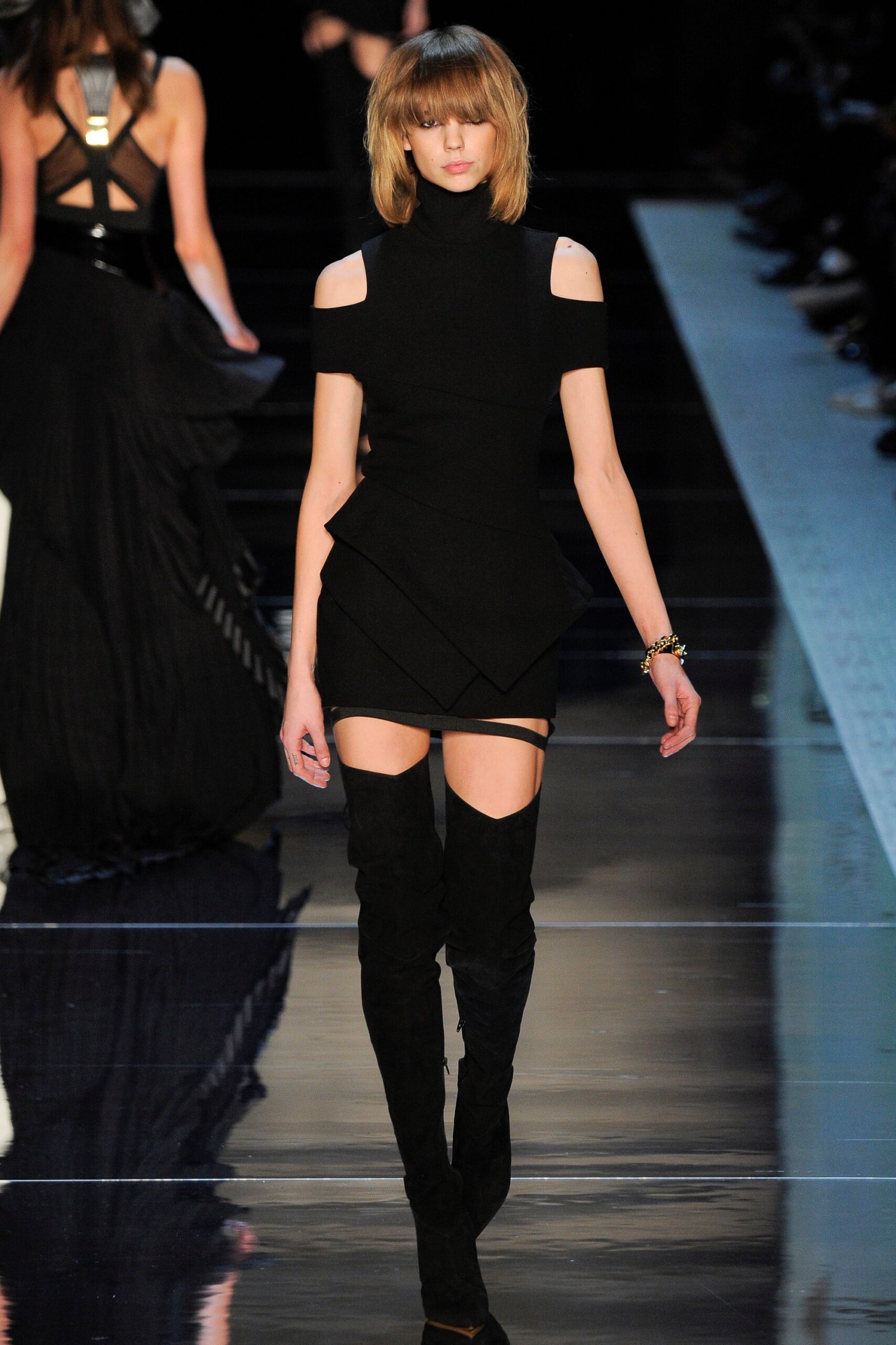 black cotton sleeveless high-neck fitted structured layered dress