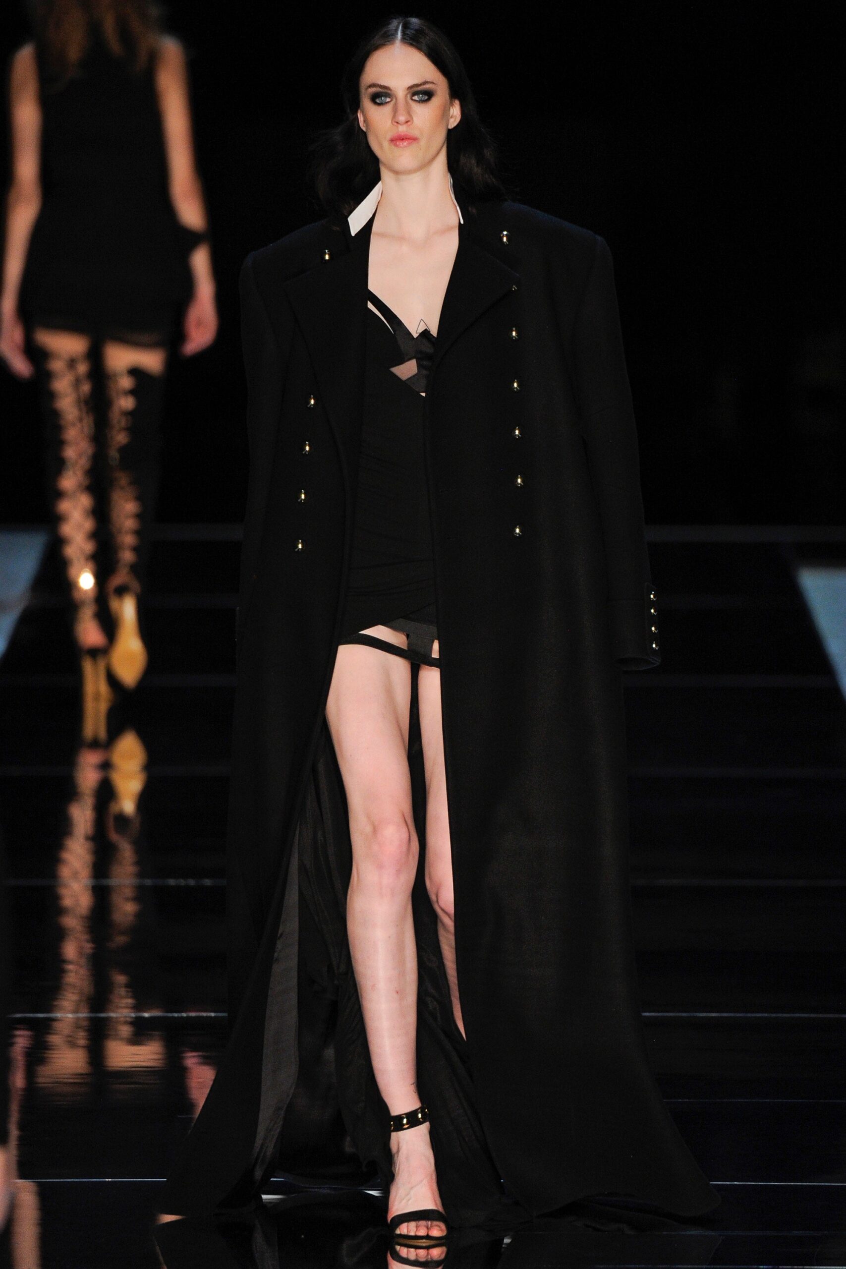 black wool long-sleeve collared oversized buttoned draped coat
