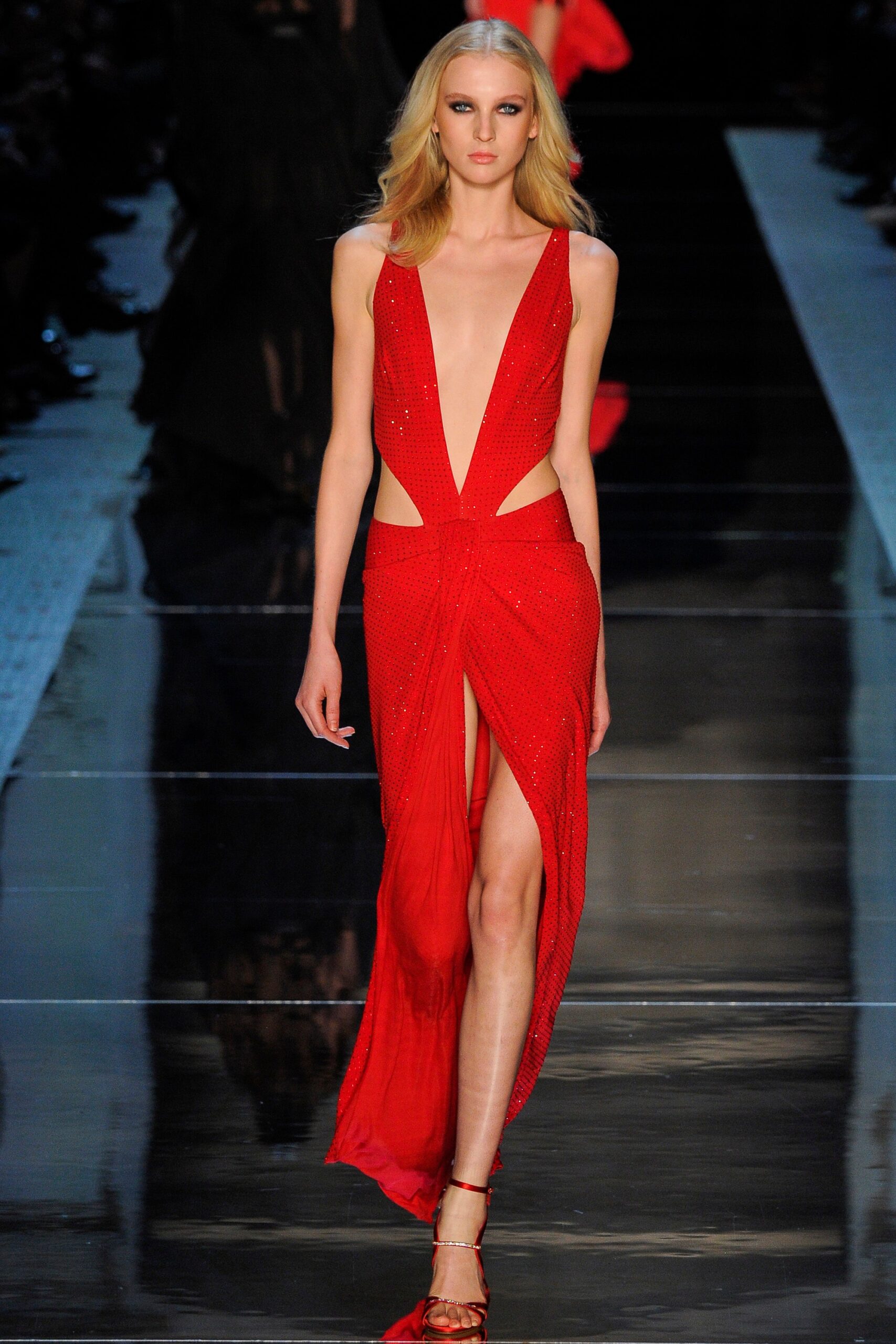 red sequined sleeveless gown