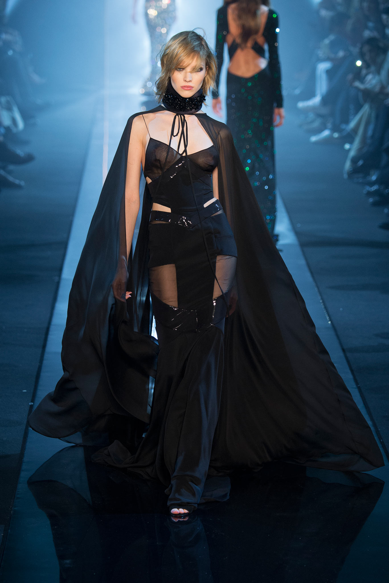 black silk gown with cape