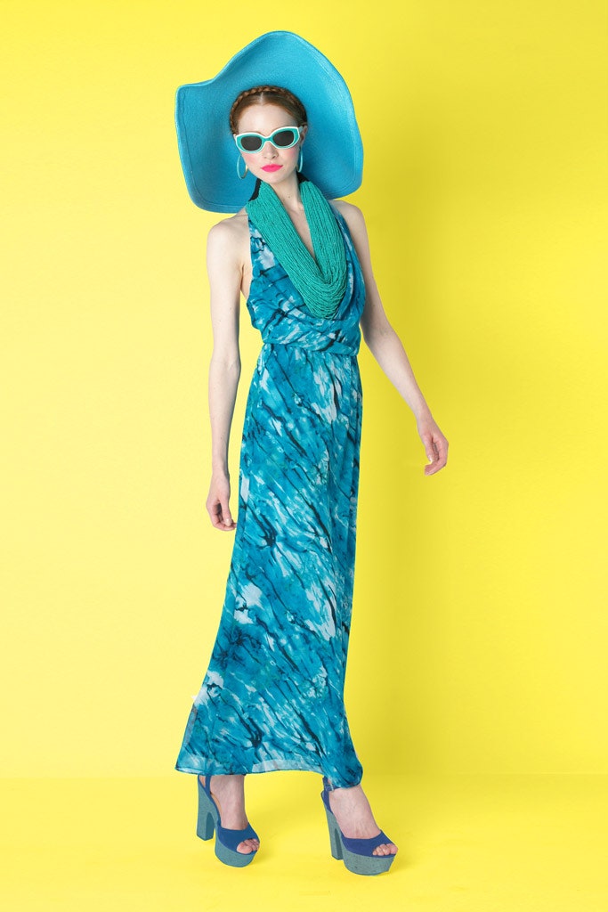 blue silk maxi dress with accessories