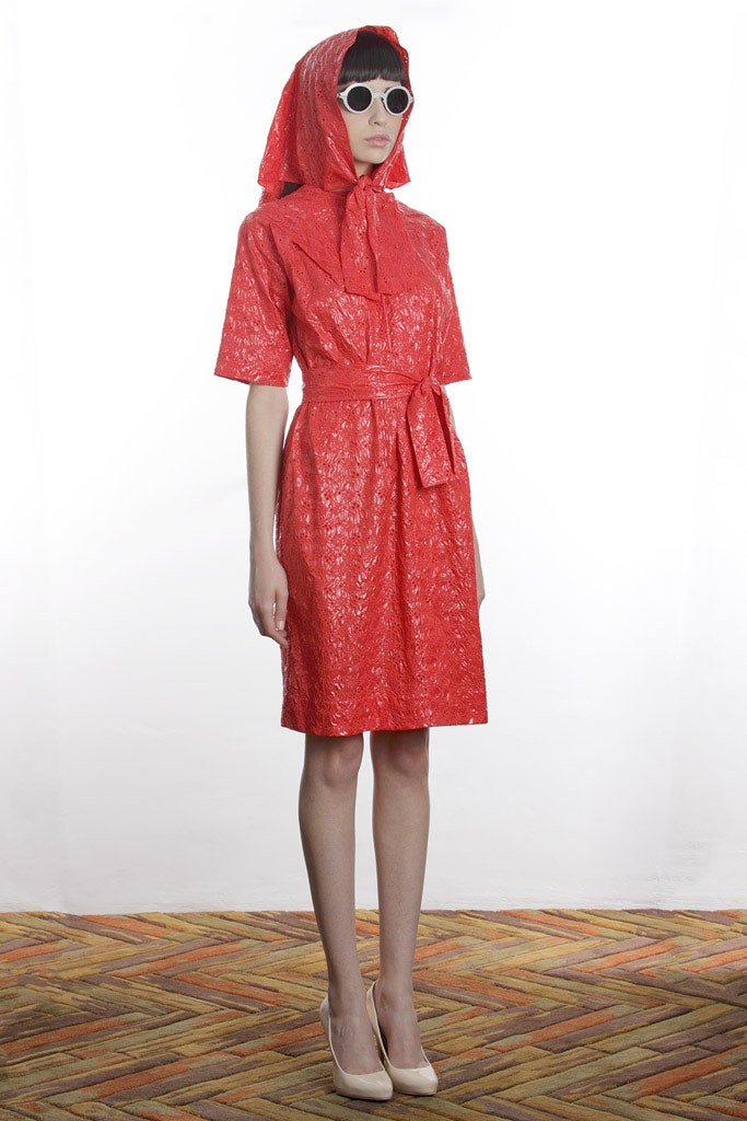red silk short-sleeve collared fitted belted midi dress
