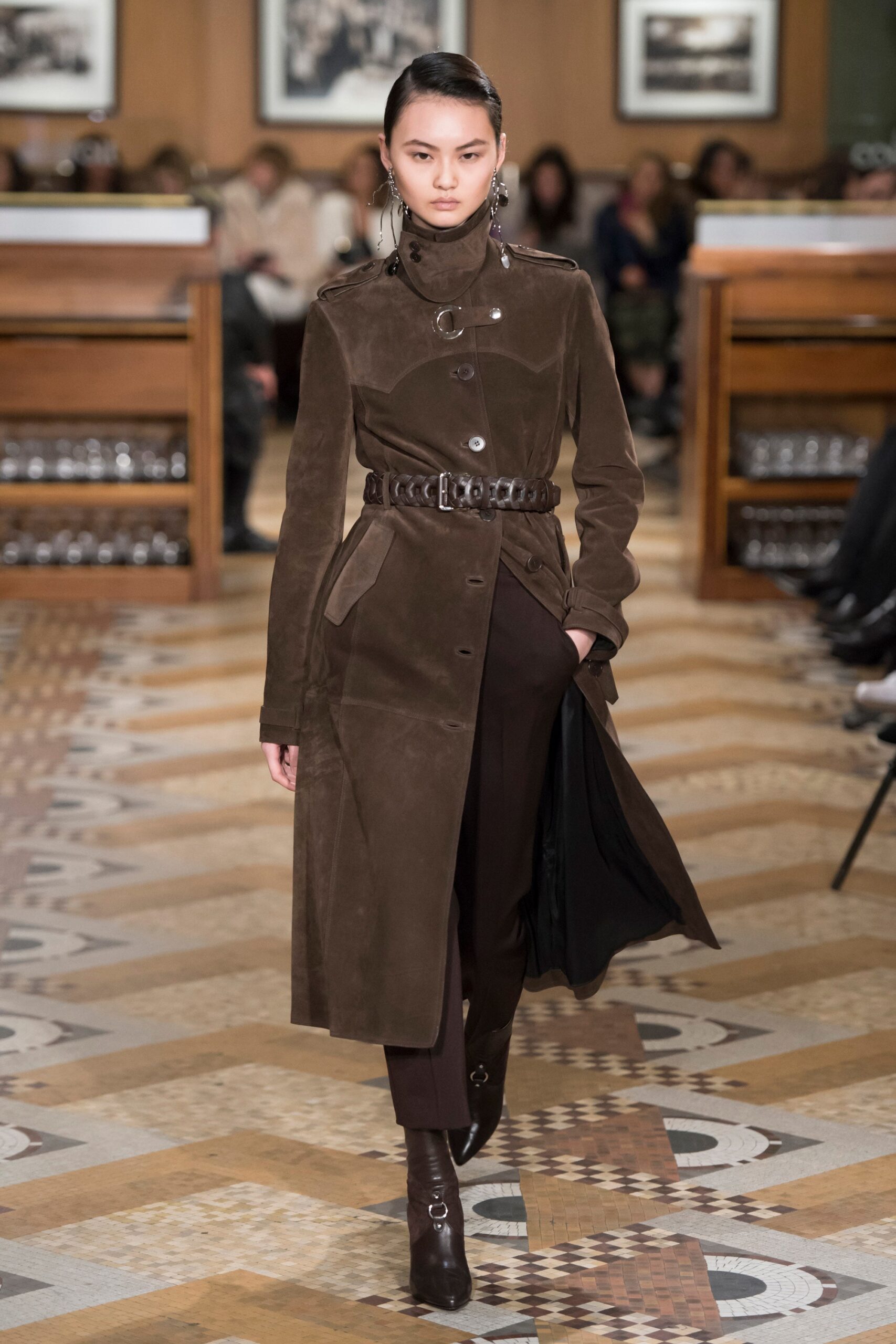 brown suede long-sleeve collared fitted belted coat