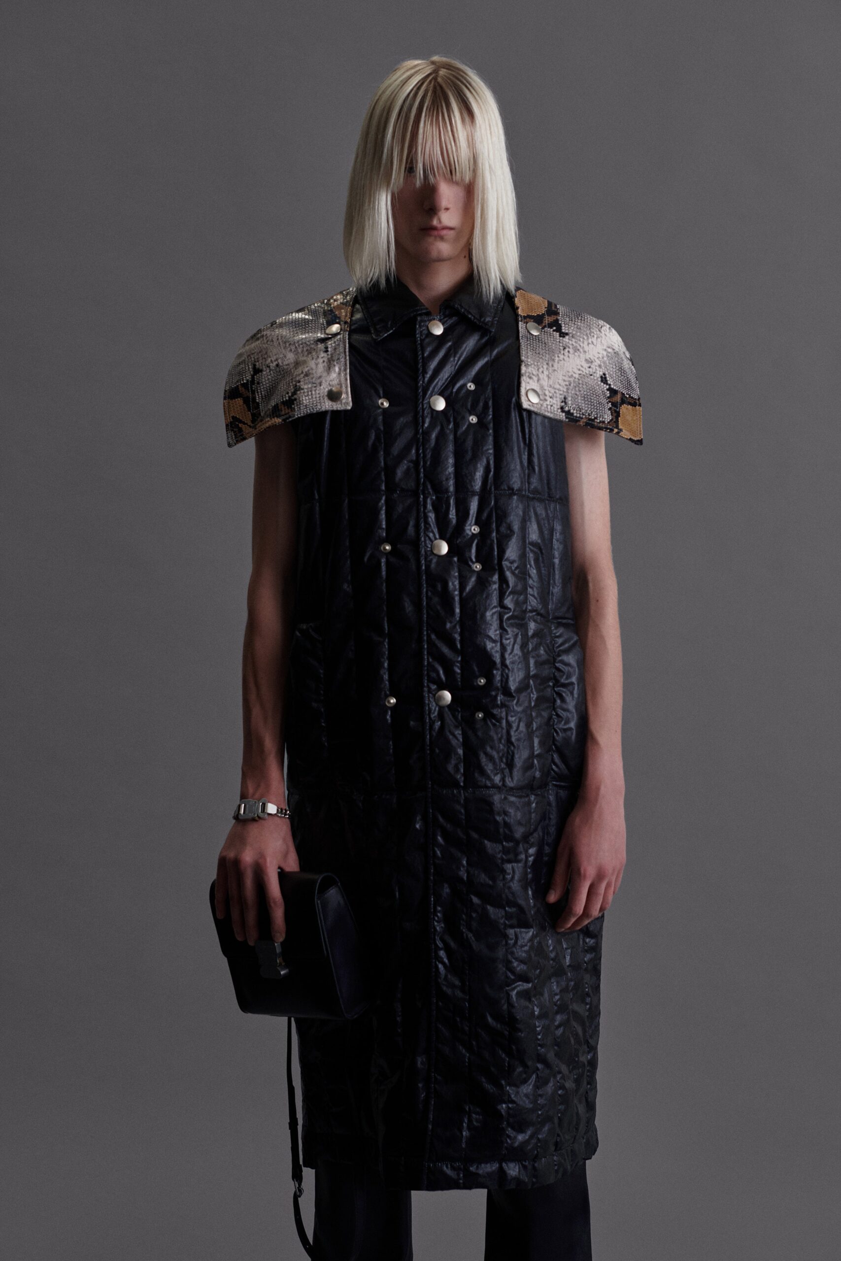black leather coat with bag
