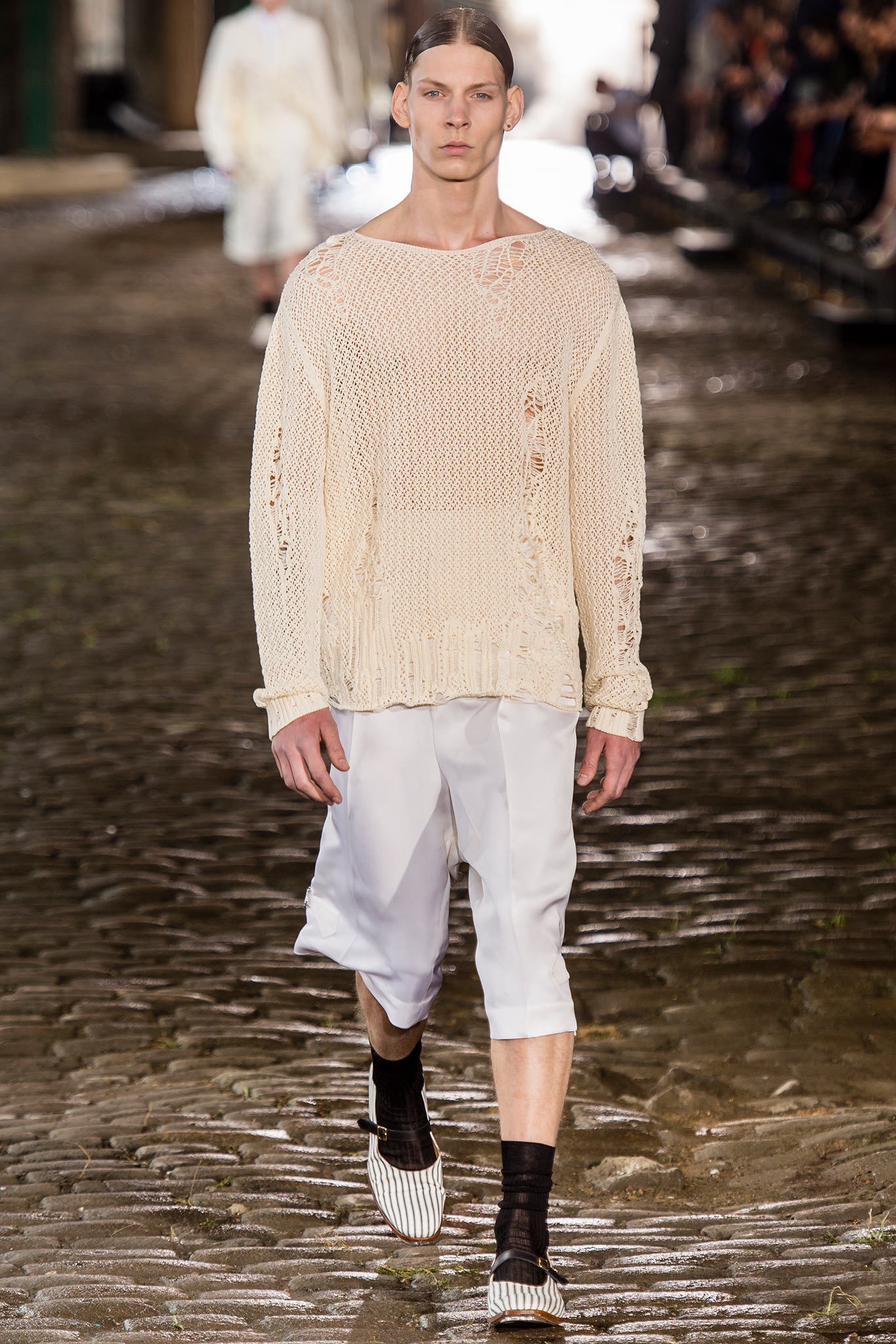 beige cotton long-sleeve collared relaxed distressed sweater