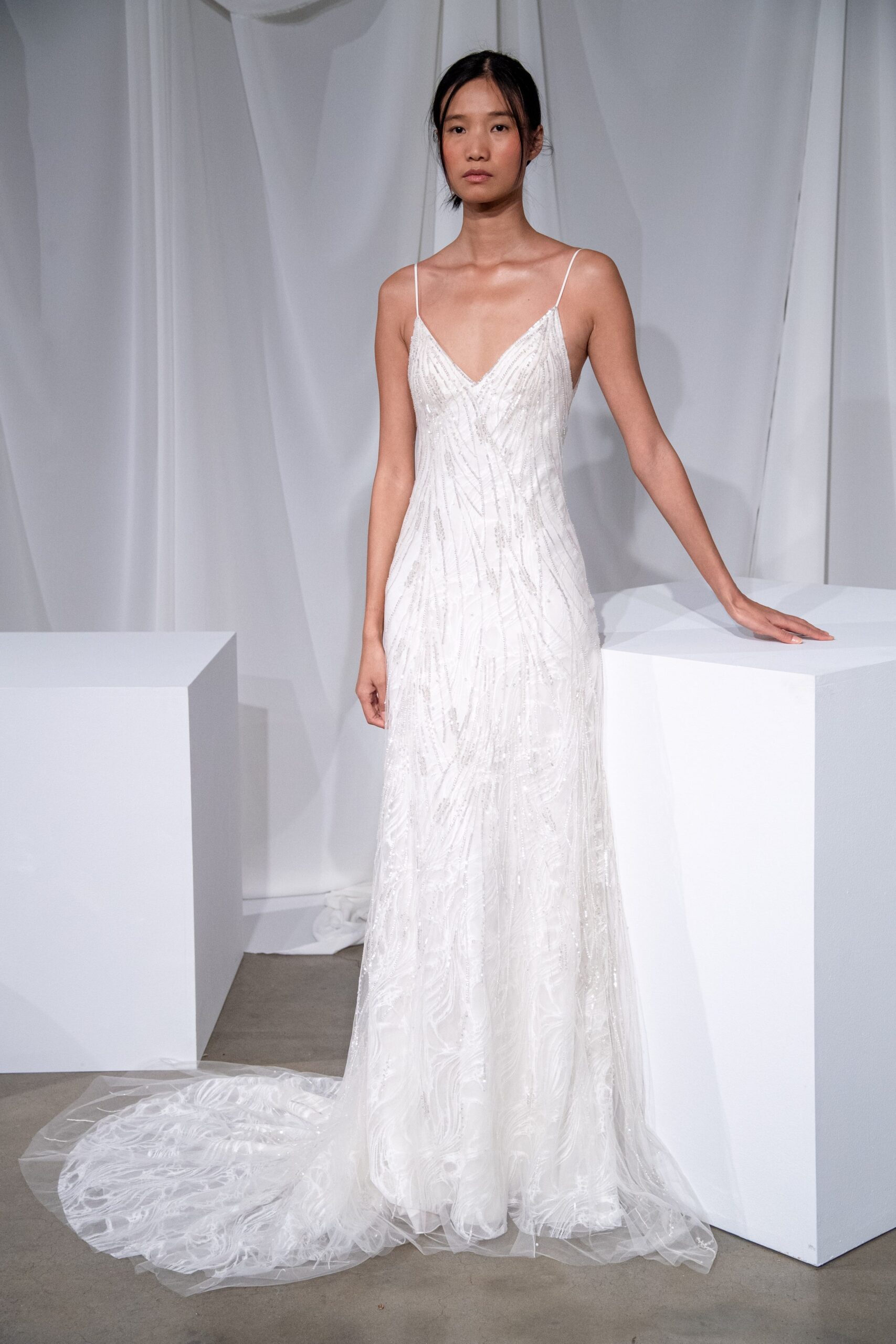 white silk beaded gown