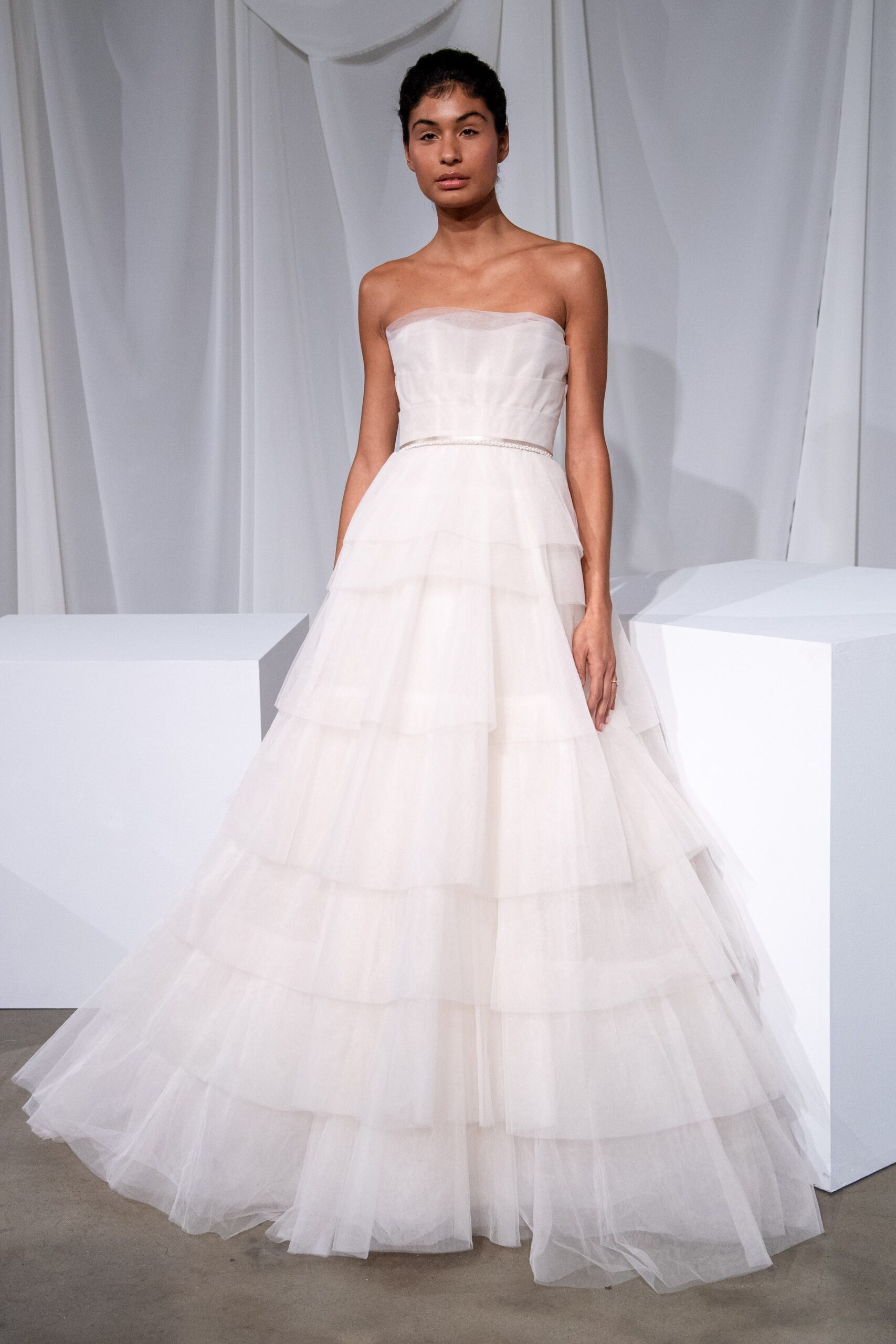 ivory strapless tiered gown