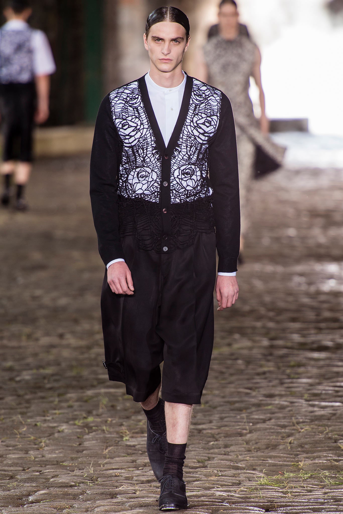 black and white embroidered cardigan with relaxed pants