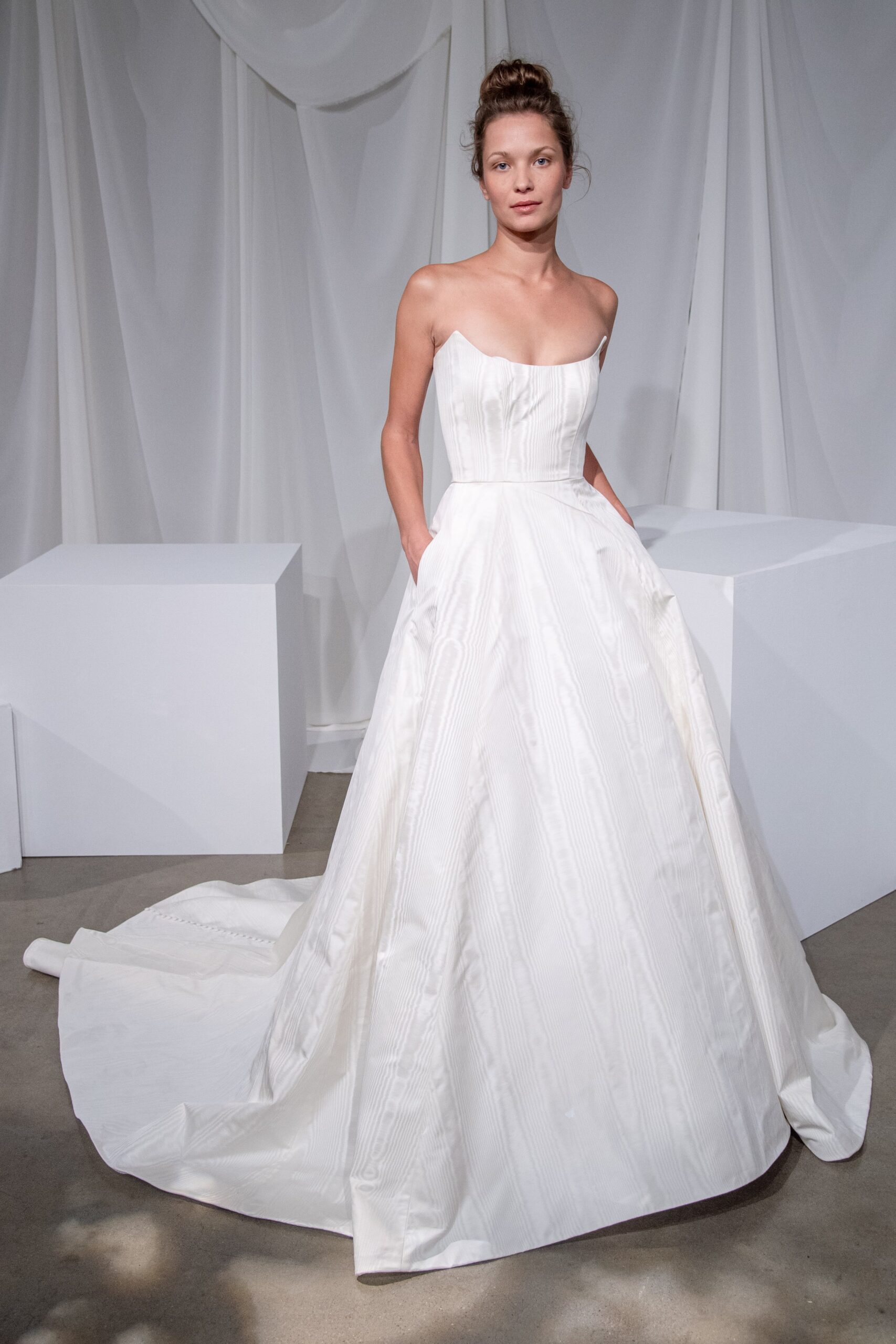 white silk strapless gown